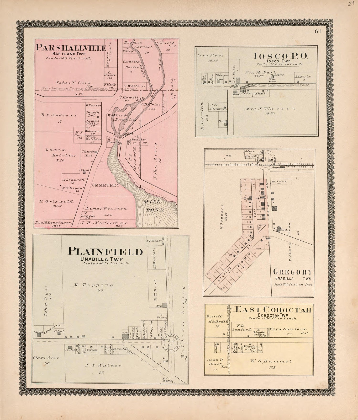 Parshallville, Iosco P.O., Plainfield, Gregory, &amp; East Cohoctah from Standard Atlas of Livingston County, Michigan : Including a Plat Book of the Villages, Cities and Townships of the County, Map of the State, United States and World, Farmers Director... by Relic Map Company