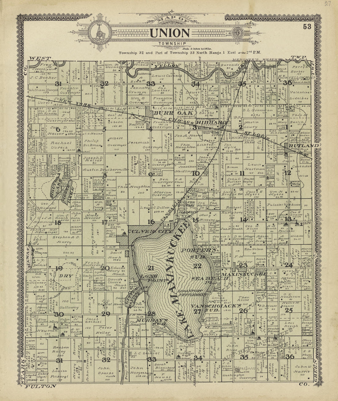Map of Union Township from Standard Atlas of Marshall County, Indiana : Including a Plat Book of the Villages, Cities and Townships of the County, Map of the State, United States and World, Patrons Directory, Reference Business … 1908 by Relic Map Company