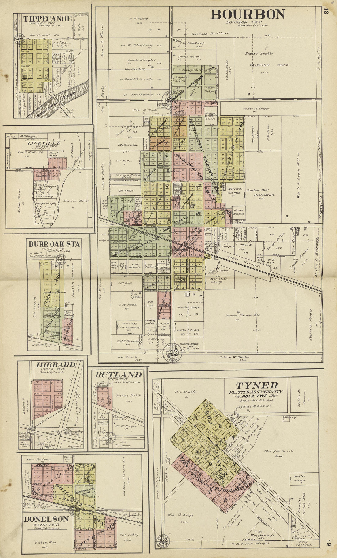 Bourbon, Tyner, Donselson, Hibbard, Rutland, Burr Oak Sta., Linkville, Tippecanoe from Standard Atlas of Marshall County, Indiana : Including a Plat Book of the Villages, Cities and Townships of the County, Map of the State, United States and World, P... by Relic Map Company