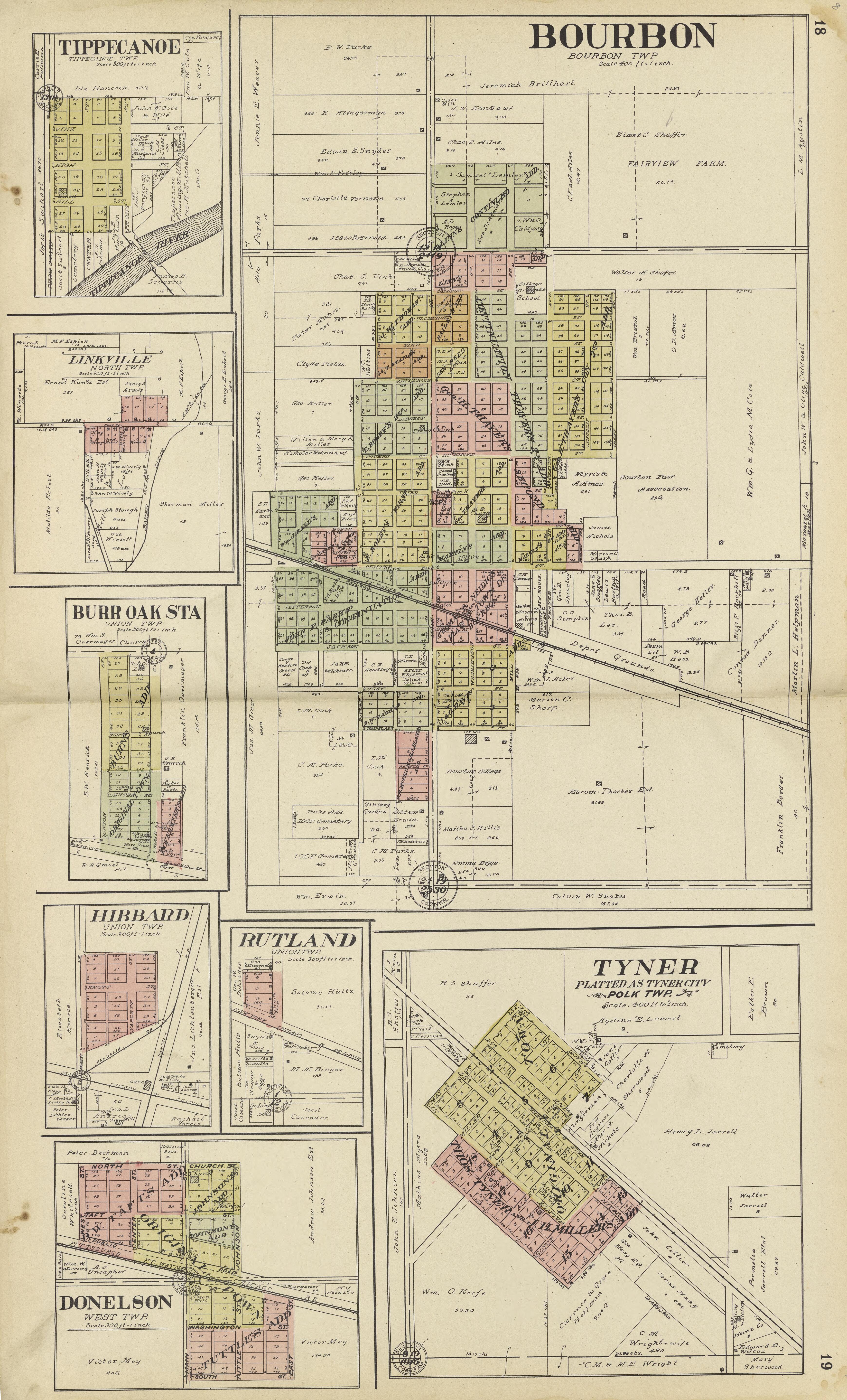Bourbon, Tyner, Donselson, Hibbard, Rutland, Burr Oak Sta., Linkville, Tippecanoe from Standard Atlas of Marshall County, Indiana : Including a Plat Book of the Villages, Cities and Townships of the County, Map of the State, United States and World, P... by Relic Map Company