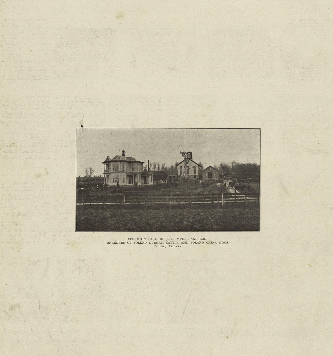 Scene On Farm of J.E. Myers and Son, Culver, Indiana from Standard Atlas of Marshall County, Indiana : Including a Plat Book of the Villages, Cities and Townships of the County, Map of the State, United States and World, Patrons Directory, Reference ... by Relic Map Company