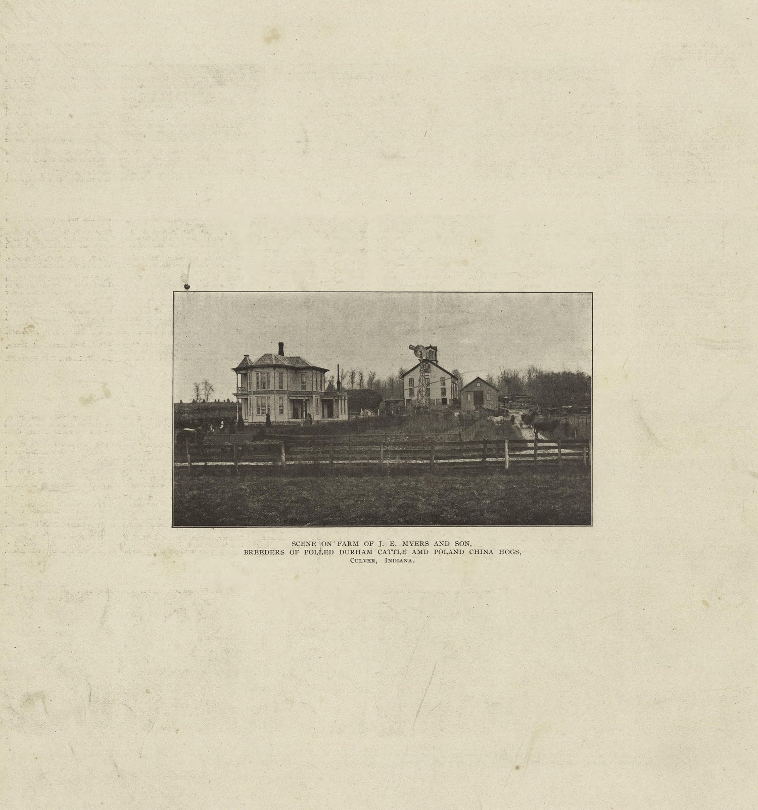 Scene On Farm of J.E. Myers and Son, Culver, Indiana from Standard Atlas of Marshall County, Indiana : Including a Plat Book of the Villages, Cities and Townships of the County, Map of the State, United States and World, Patrons Directory, Reference ... by Relic Map Company