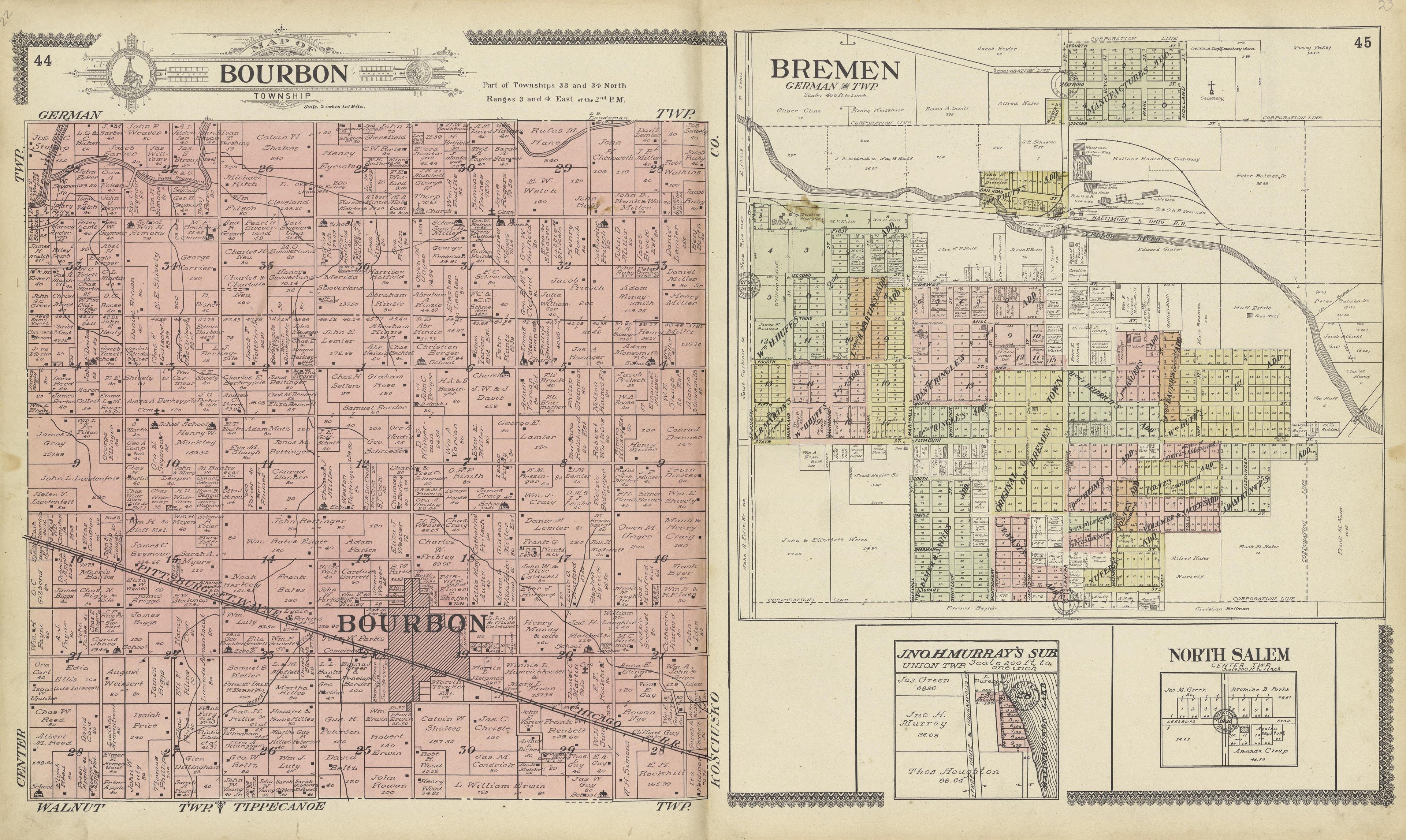 Map of Bourbon Township, Breman, North Salem and Jno. H. Murray Subdivision from Standard Atlas of Marshall County, Indiana : Including a Plat Book of the Villages, Cities and Townships of the County, Map of the State, United States and World, Patrons... by Relic Map Company