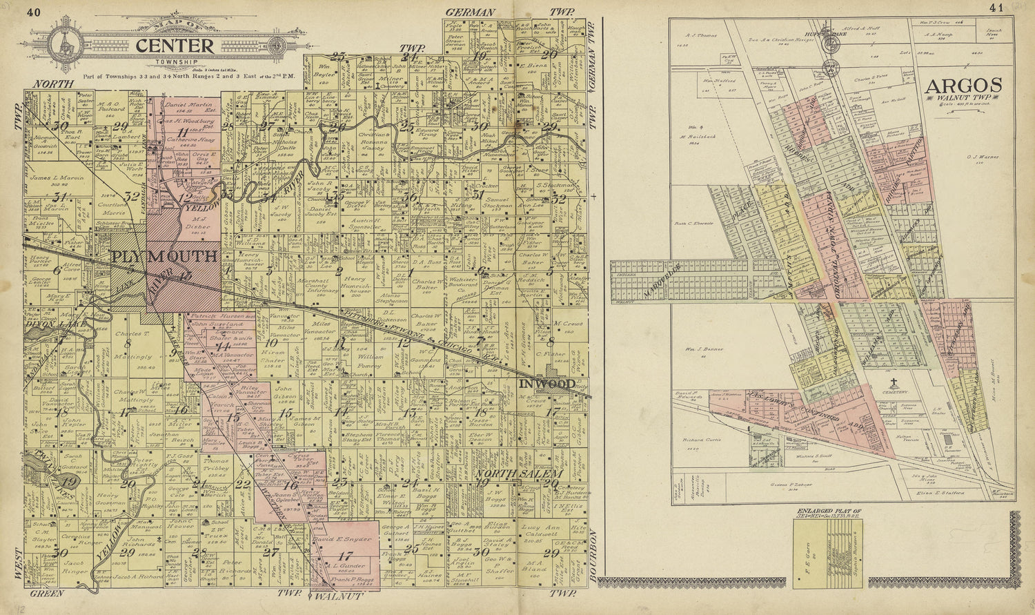 Map of Center Township and Argos, Walnut Township from Standard Atlas of Marshall County, Indiana : Including a Plat Book of the Villages, Cities and Townships of the County, Map of the State, United States and World, Patrons Directory, Reference Busi... by Relic Map Company