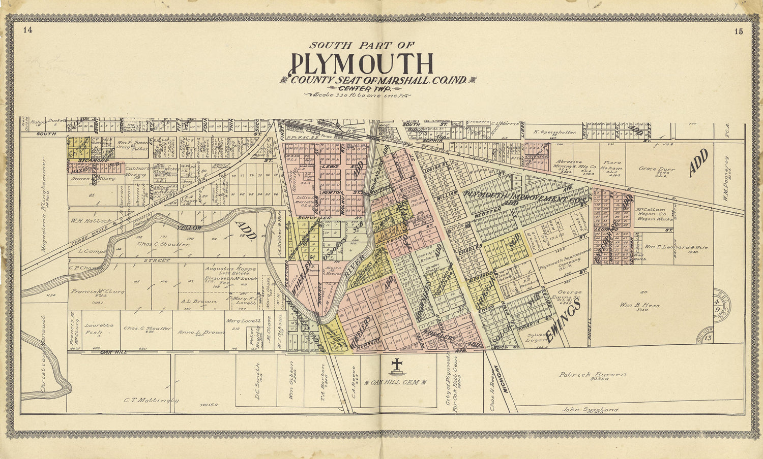 Map of South Part of Plymouth from Standard Atlas of Marshall County, Indiana : Including a Plat Book of the Villages, Cities and Townships of the County, Map of the State, United States and World, Patrons Directory, Reference Business … 1908 by Relic Map Company