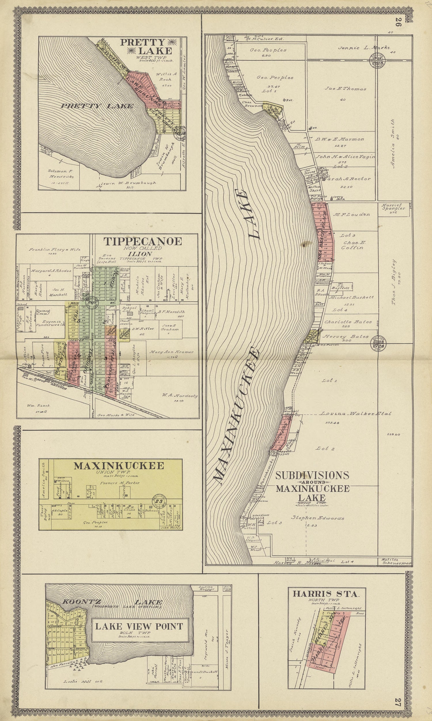 Map of Subdivisions Around Maxinkuckee Lake and Others from Standard Atlas of Marshall County, Indiana : Including a Plat Book of the Villages, Cities and Townships of the County, Map of the State, United States and World, Patrons Directory, Reference... by Relic Map Company