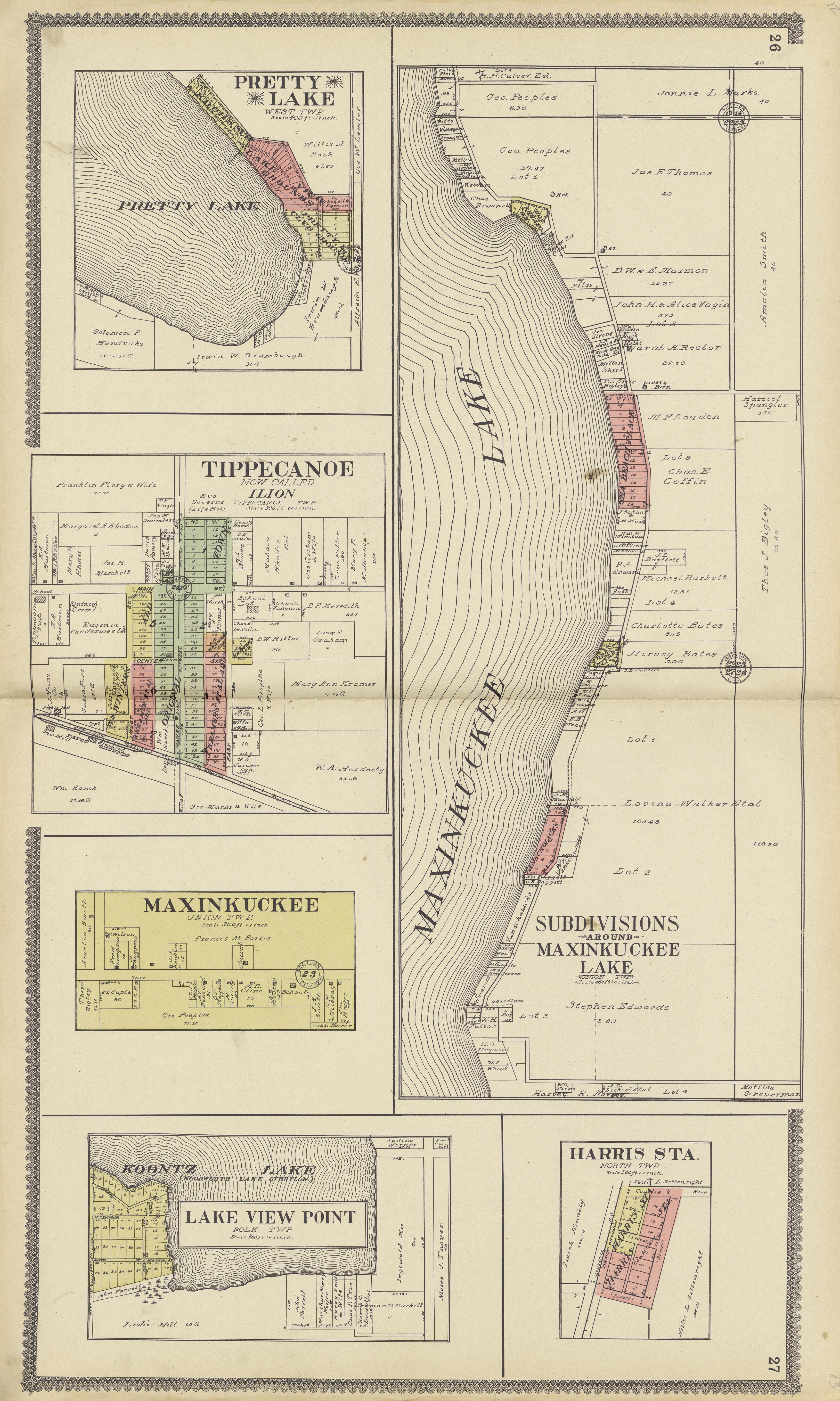 Map of Subdivisions Around Maxinkuckee Lake and Others from Standard Atlas of Marshall County, Indiana : Including a Plat Book of the Villages, Cities and Townships of the County, Map of the State, United States and World, Patrons Directory, Reference... by Relic Map Company