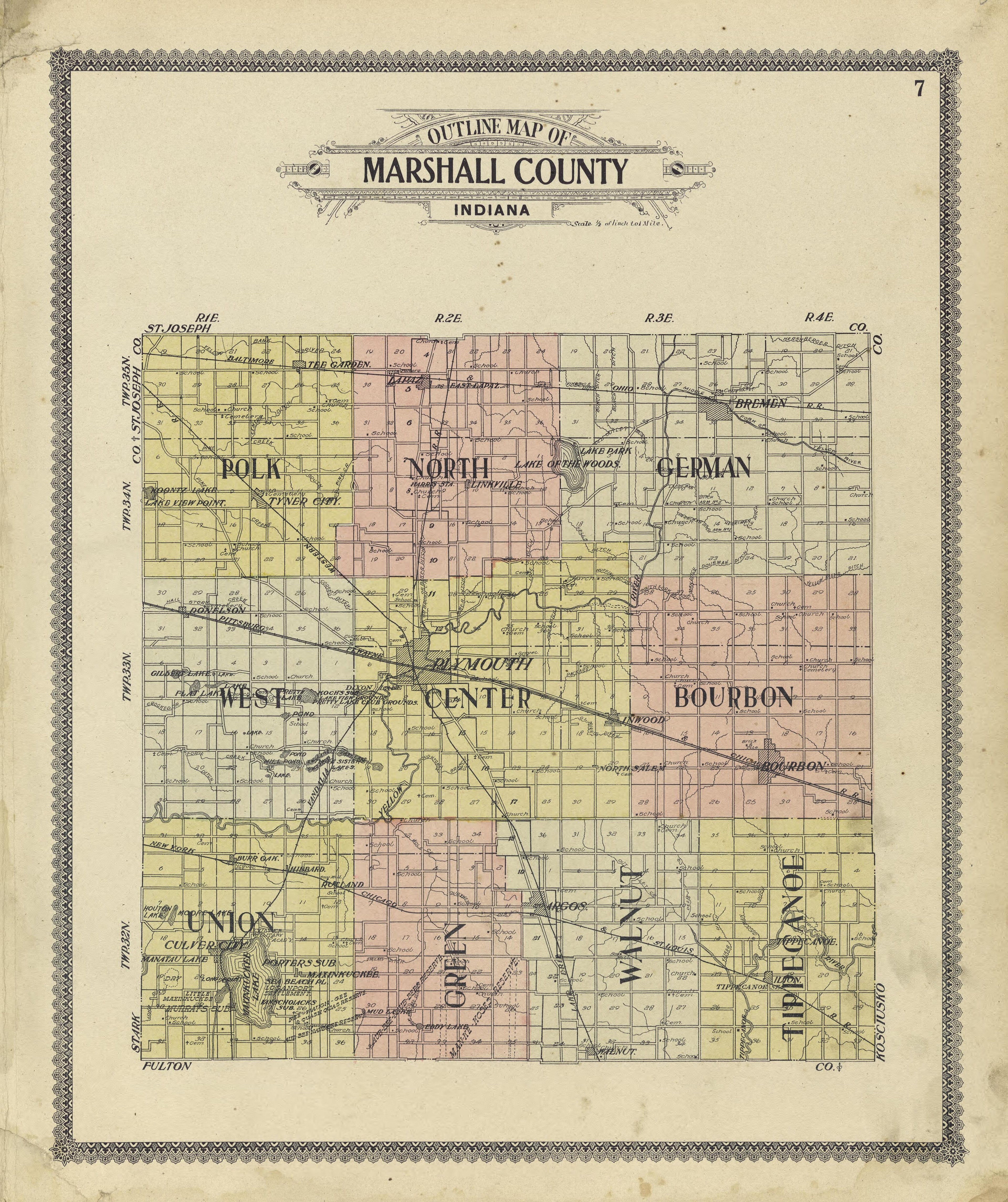 Outline Map of Marshall County, Indiana from Standard Atlas of Marshall County, Indiana : Including a Plat Book of the Villages, Cities and Townships of the County, Map of the State, United States and World, Patrons Directory, Reference Business … 1908 by Relic Map Company