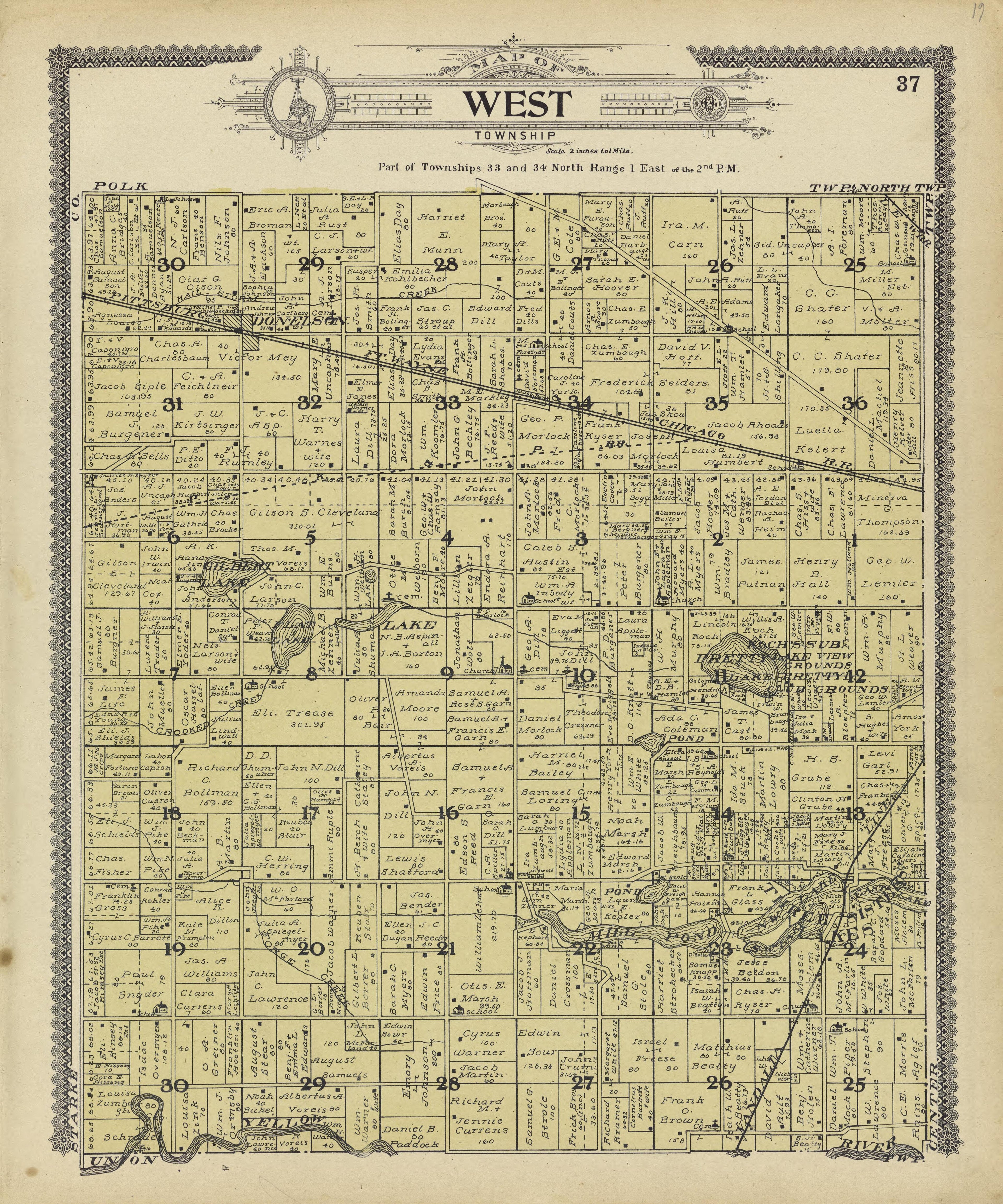 Map of West Township from Standard Atlas of Marshall County, Indiana : Including a Plat Book of the Villages, Cities and Townships of the County, Map of the State, United States and World, Patrons Directory, Reference Business … 1908 by Relic Map Company