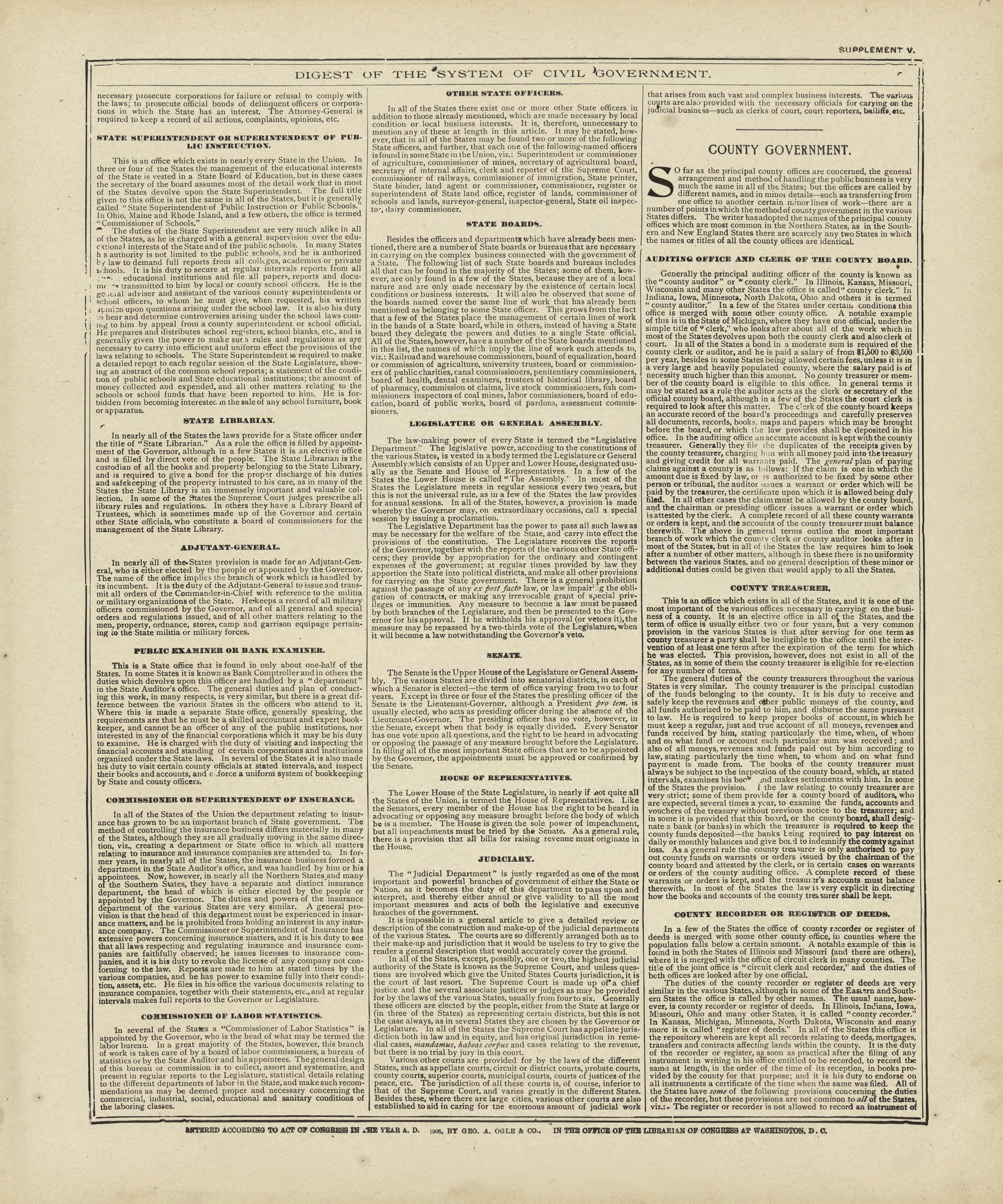 Digest of the System of Civil Government - Continued from Standard Atlas of Marshall County, Indiana : Including a Plat Book of the Villages, Cities and Townships of the County, Map of the State, United States and World, Patrons Directory, Reference B... by Relic Map Company