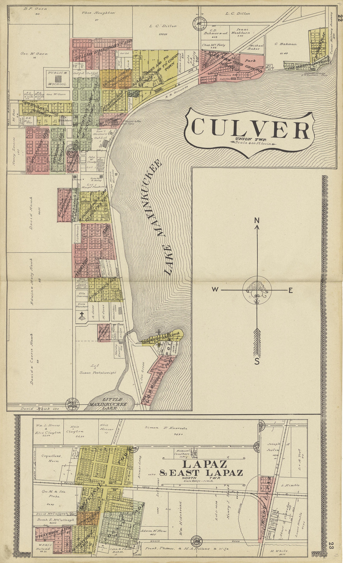 Map of Culver, Lapaz and East Lapaz from Standard Atlas of Marshall County, Indiana : Including a Plat Book of the Villages, Cities and Townships of the County, Map of the State, United States and World, Patrons Directory, Reference Business … 1908 by Relic Map Company
