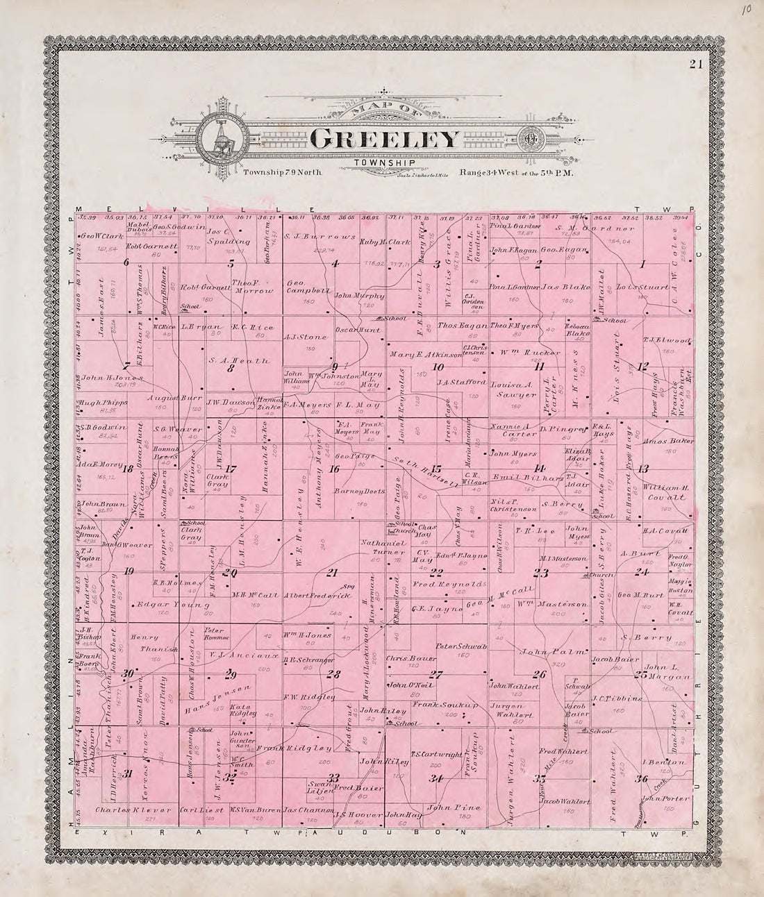 Greeley Township from Standard Atlas of Audubon County, Iowa : Including a Plat Book of the Villages, Cities and Townships of the County, Map of the State, United States and World, Patrons Directory, Reference Business … 1900 by Relic Map Company