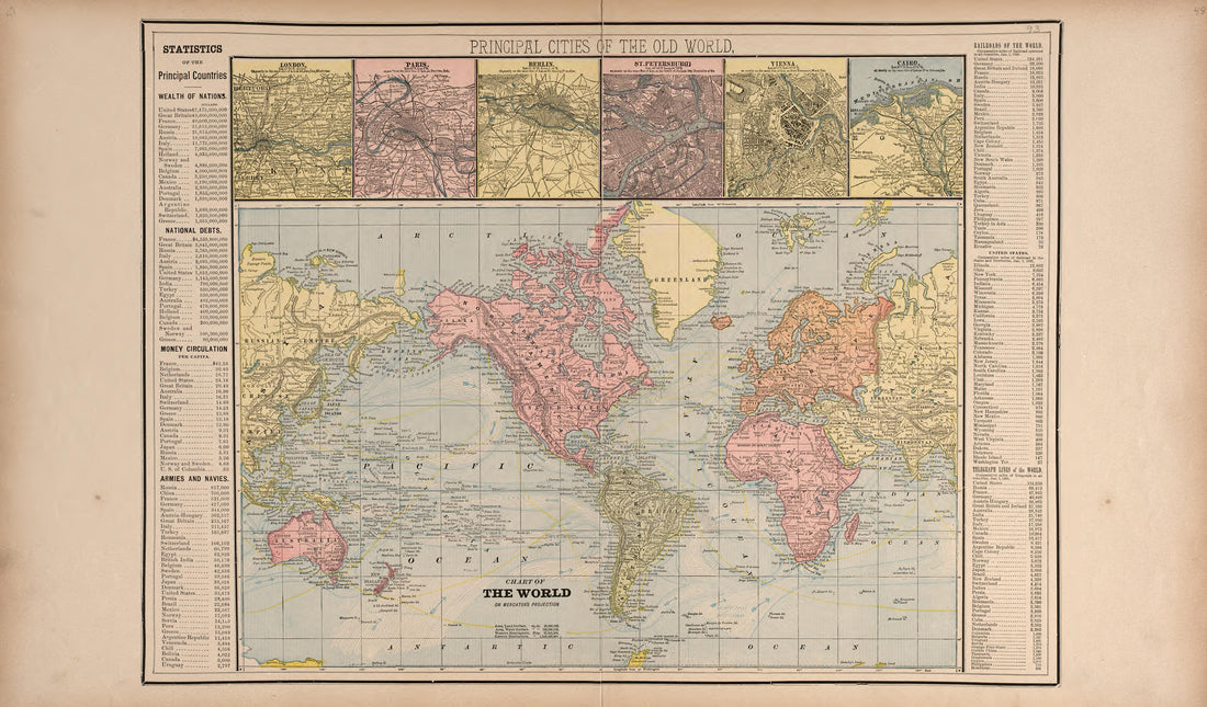 Principal Cities of the World; Outline of the World from Standard Atlas of Washtenaw County, Michigan : Including a Plat Book of the Villages, Cities and Townships of the County, Map of the State, United States and World, Farmers Directory, Reference ... by Relic Map Company