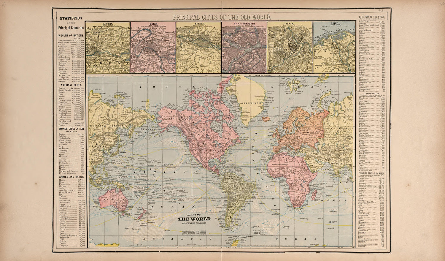 Principal Cities of the World; Outline of the World from Standard Atlas of Washtenaw County, Michigan : Including a Plat Book of the Villages, Cities and Townships of the County, Map of the State, United States and World, Farmers Directory, Reference ... by Relic Map Company