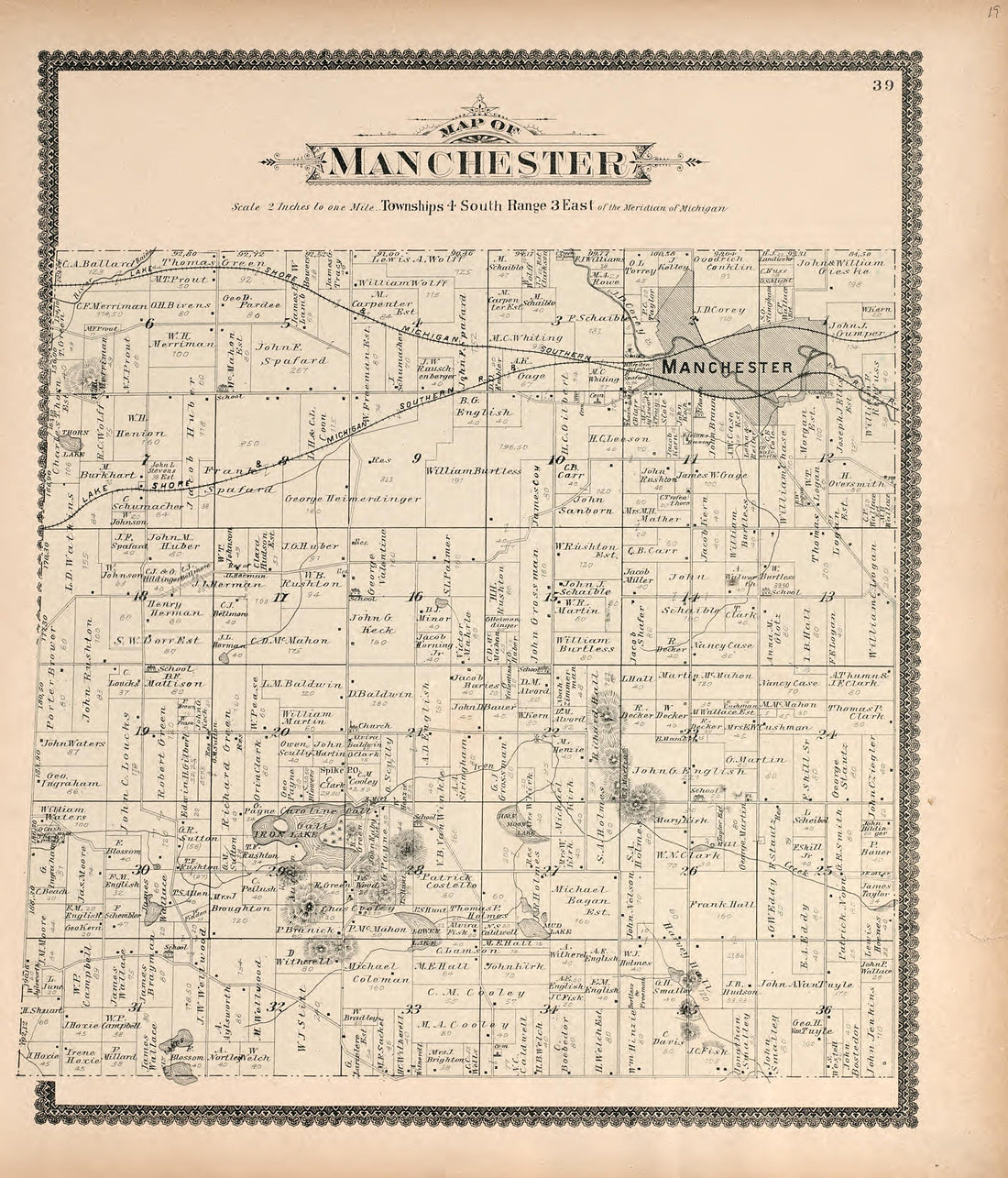 Map of Manchester from Standard Atlas of Washtenaw County, Michigan : Including a Plat Book of the Villages, Cities and Townships of the County, Map of the State, United States and World, Farmers Directory, Reference Business … 1895 by Relic Map Company