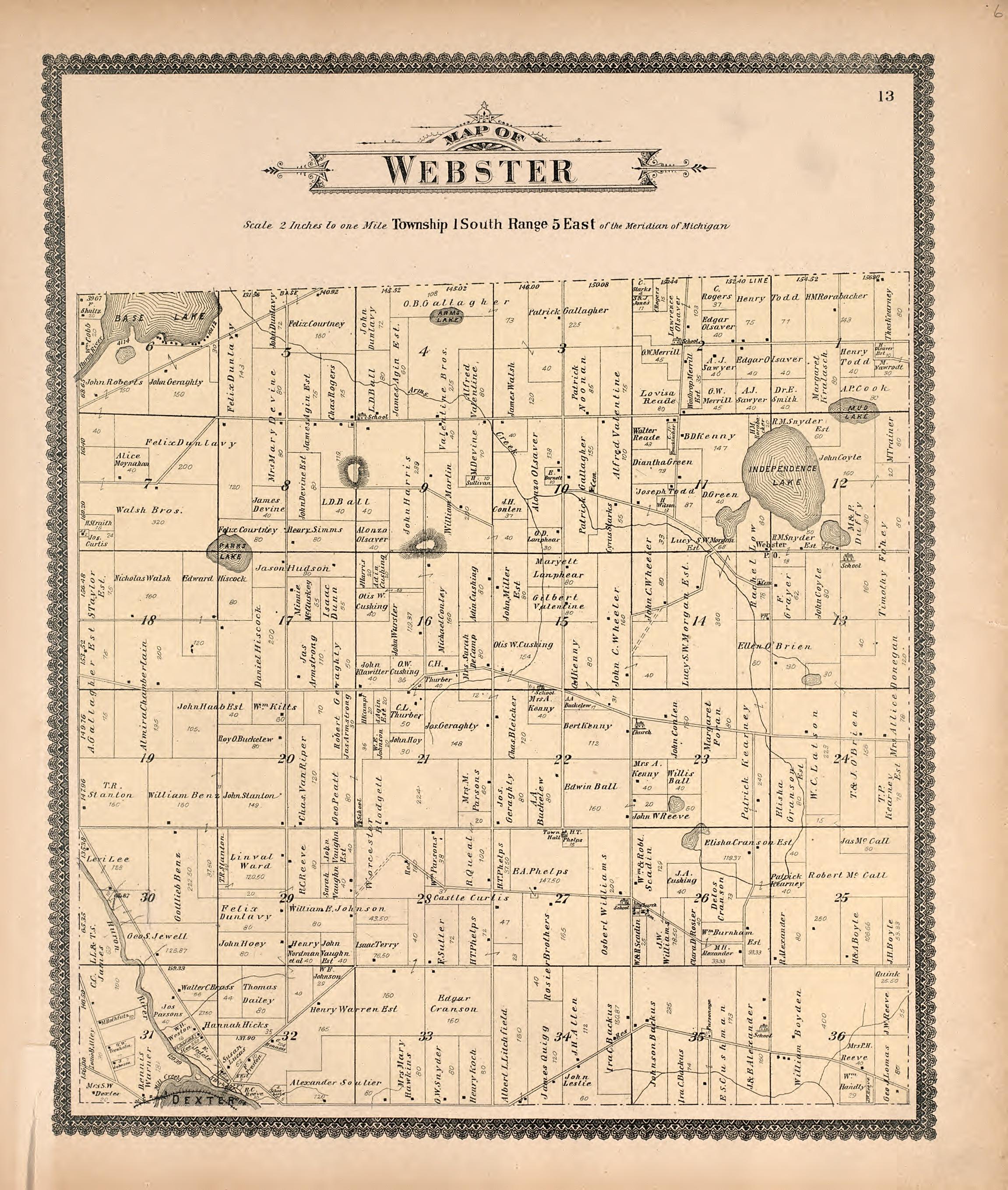 Map of Webster from Standard Atlas of Washtenaw County, Michigan : Including a Plat Book of the Villages, Cities and Townships of the County, Map of the State, United States and World, Farmers Directory, Reference Business … 1895 by Relic Map Company