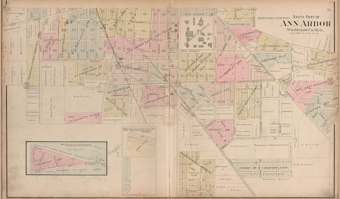 South Part of Ann Arbor, Washtenaw County, Michigan from Standard Atlas of Washtenaw County, Michigan : Including a Plat Book of the Villages, Cities and Townships of the County, Map of the State, United States and World, Farmers Directory, Reference ... by Relic Map Company