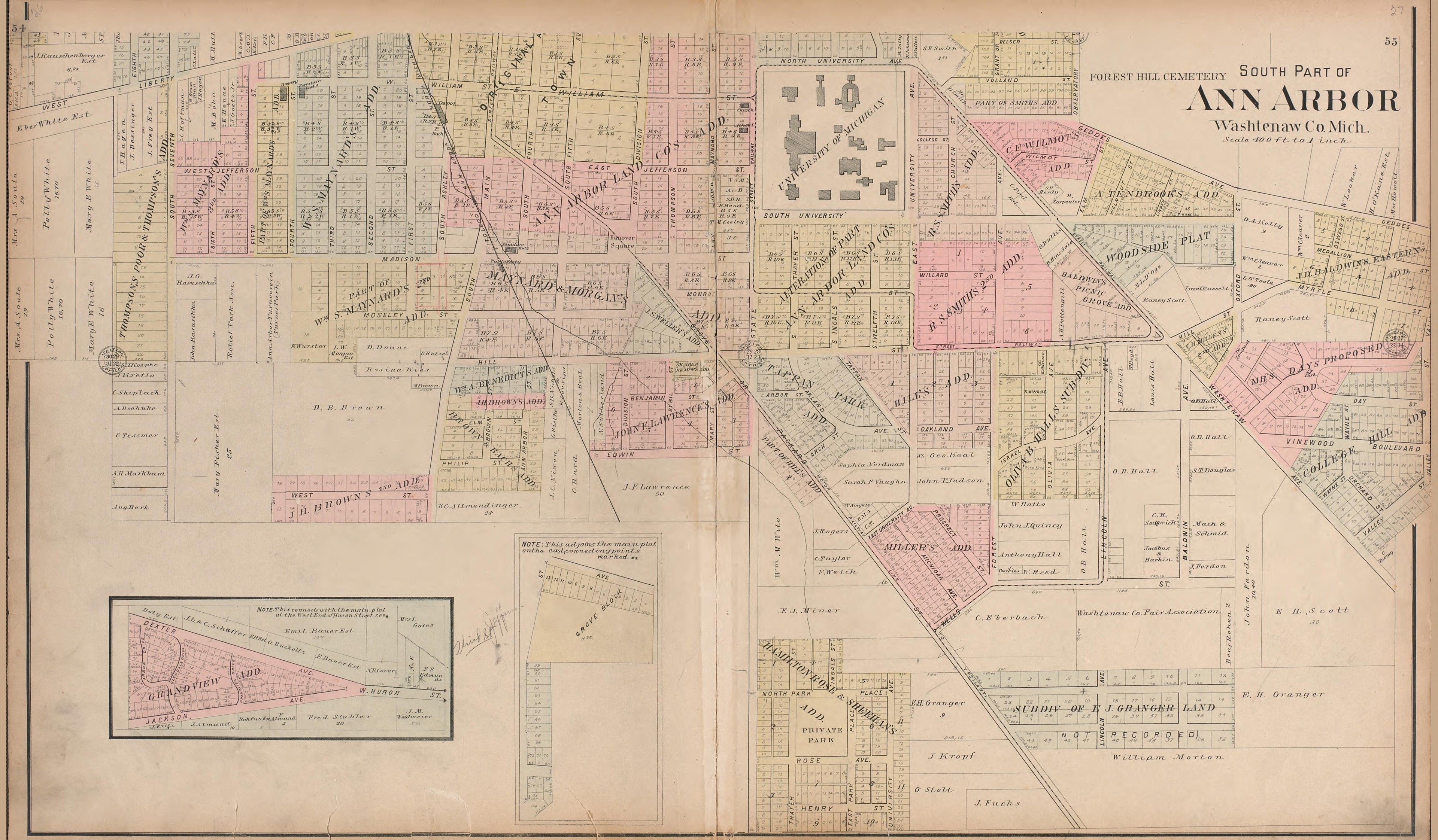 South Part of Ann Arbor, Washtenaw County, Michigan from Standard Atlas of Washtenaw County, Michigan : Including a Plat Book of the Villages, Cities and Townships of the County, Map of the State, United States and World, Farmers Directory, Reference ... by Relic Map Company