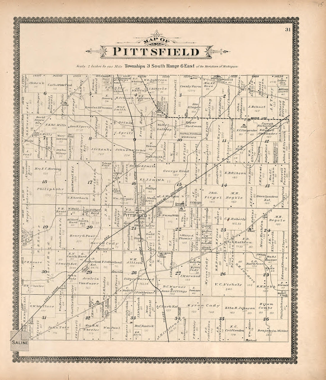 Map of Pittsfield from Standard Atlas of Washtenaw County, Michigan : Including a Plat Book of the Villages, Cities and Townships of the County, Map of the State, United States and World, Farmers Directory, Reference Business … 1895 by Relic Map Company