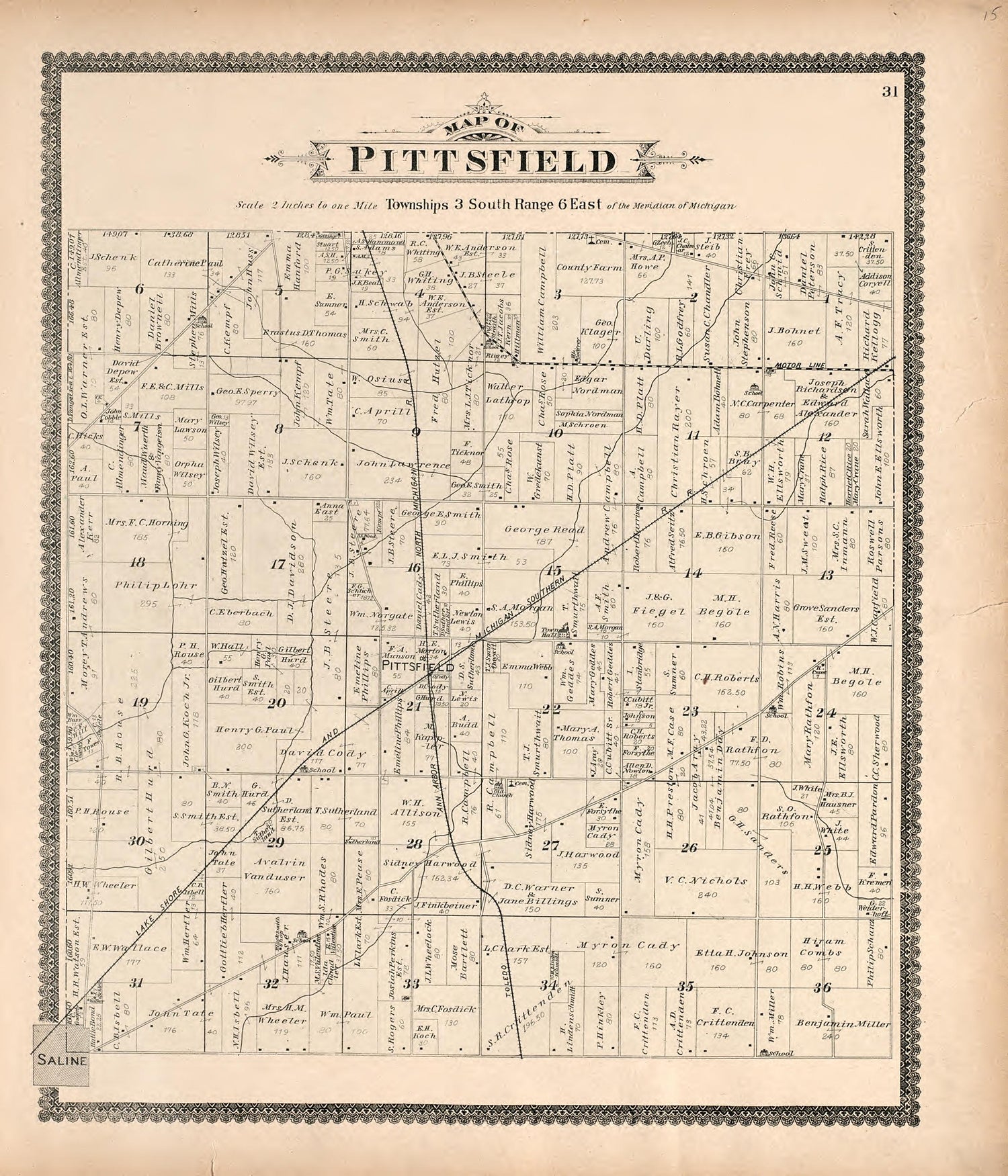 Map of Pittsfield from Standard Atlas of Washtenaw County, Michigan : Including a Plat Book of the Villages, Cities and Townships of the County, Map of the State, United States and World, Farmers Directory, Reference Business … 1895 by Relic Map Company