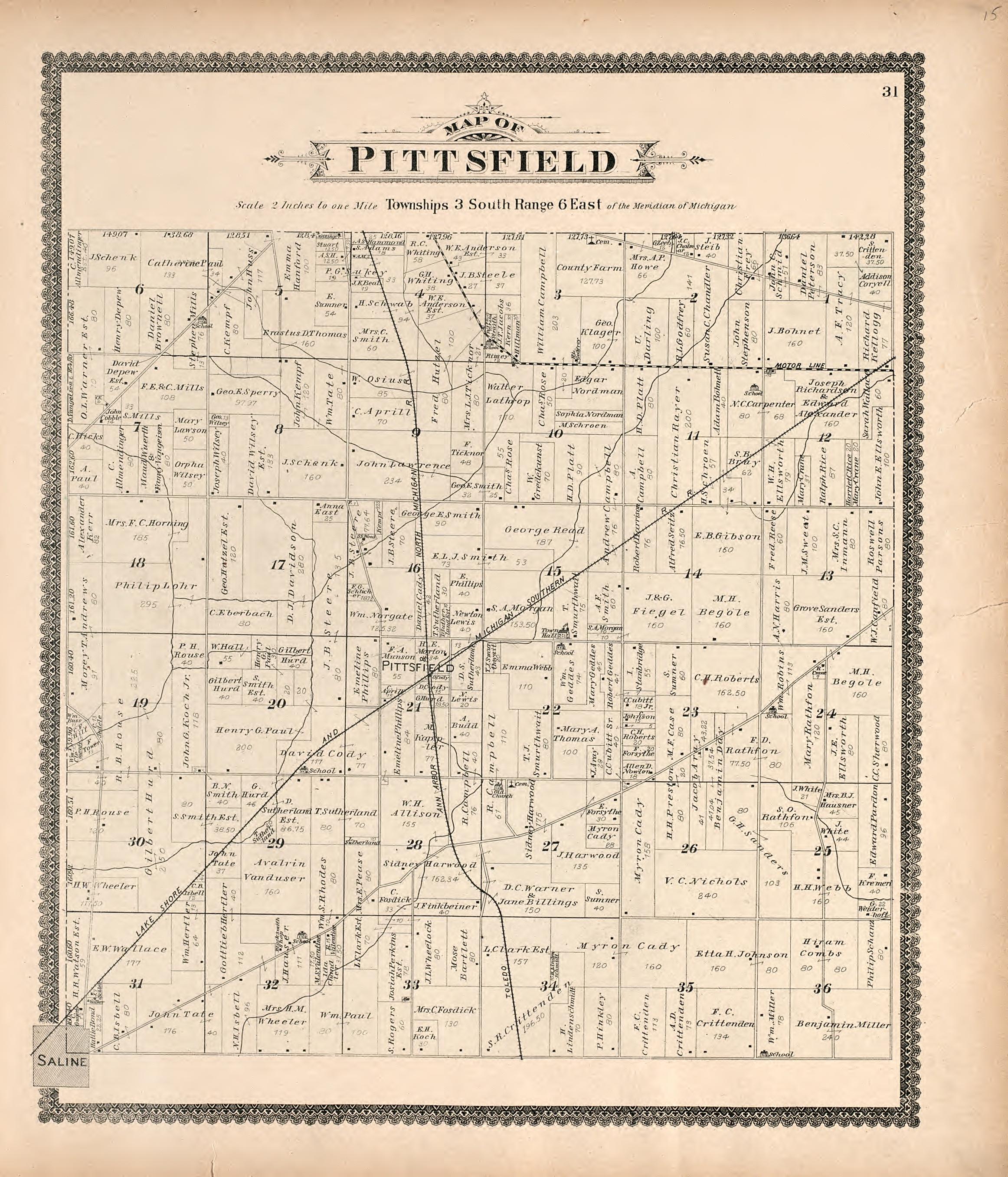 Map of Pittsfield from Standard Atlas of Washtenaw County, Michigan : Including a Plat Book of the Villages, Cities and Townships of the County, Map of the State, United States and World, Farmers Directory, Reference Business … 1895 by Relic Map Company