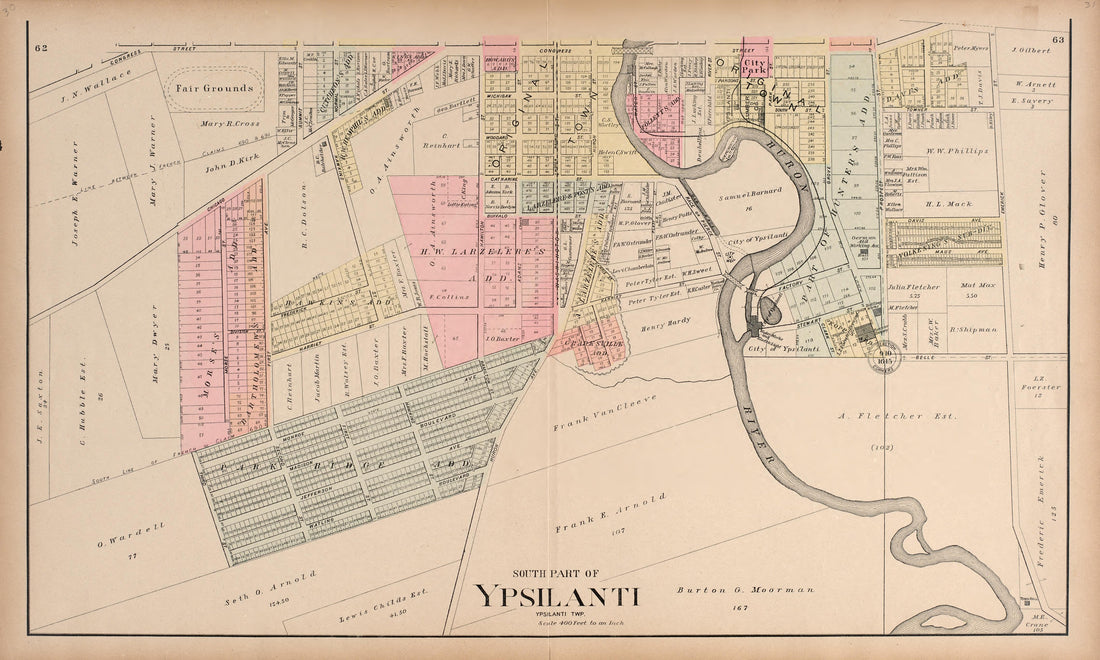 South Part of Ypsilanti from Standard Atlas of Washtenaw County, Michigan : Including a Plat Book of the Villages, Cities and Townships of the County, Map of the State, United States and World, Farmers Directory, Reference Business … 1895 by Relic Map Company