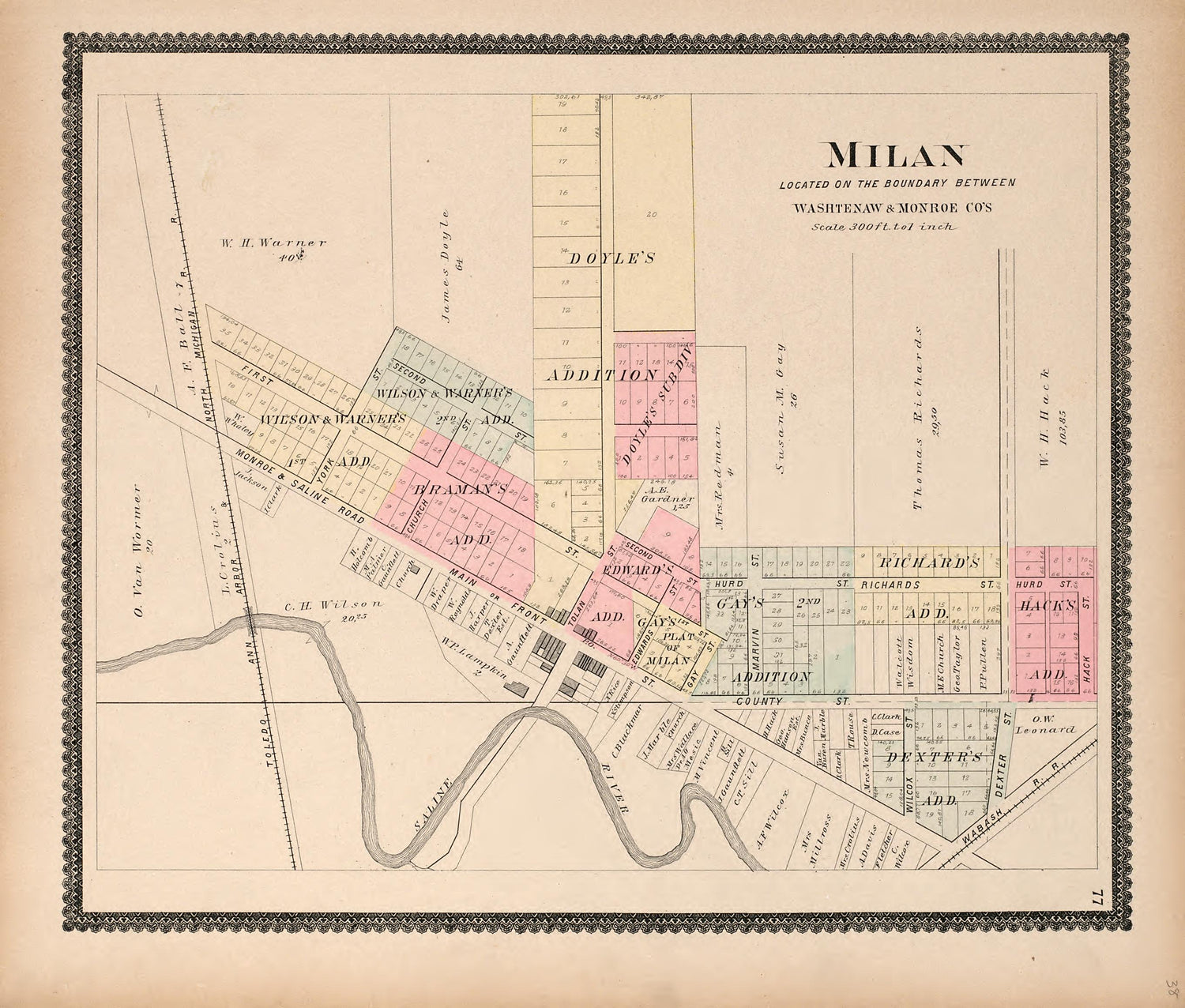 Milan from Standard Atlas of Washtenaw County, Michigan : Including a Plat Book of the Villages, Cities and Townships of the County, Map of the State, United States and World, Farmers Directory, Reference Business … 1895 by Relic Map Company