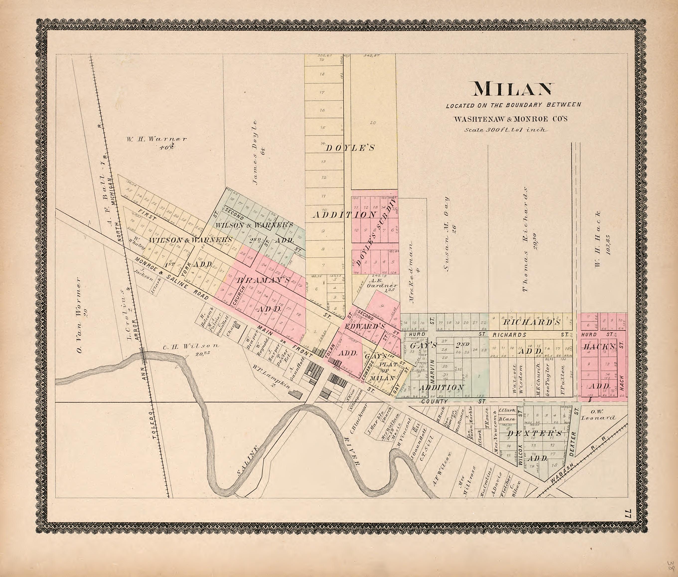 Milan from Standard Atlas of Washtenaw County, Michigan : Including a Plat Book of the Villages, Cities and Townships of the County, Map of the State, United States and World, Farmers Directory, Reference Business … 1895 by Relic Map Company