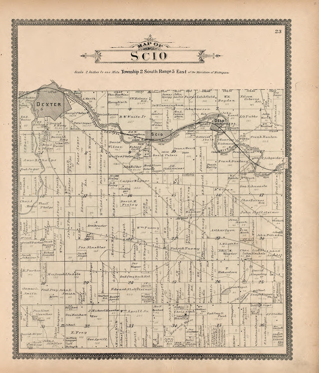 Map of Scio from Standard Atlas of Washtenaw County, Michigan : Including a Plat Book of the Villages, Cities and Townships of the County, Map of the State, United States and World, Farmers Directory, Reference Business … 1895 by Relic Map Company