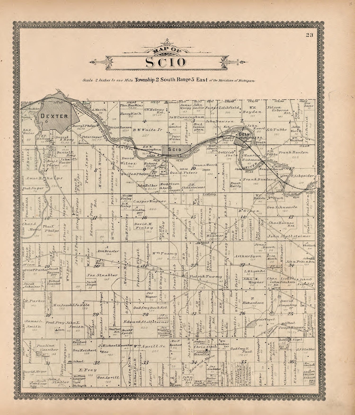 Map of Scio from Standard Atlas of Washtenaw County, Michigan : Including a Plat Book of the Villages, Cities and Townships of the County, Map of the State, United States and World, Farmers Directory, Reference Business … 1895 by Relic Map Company