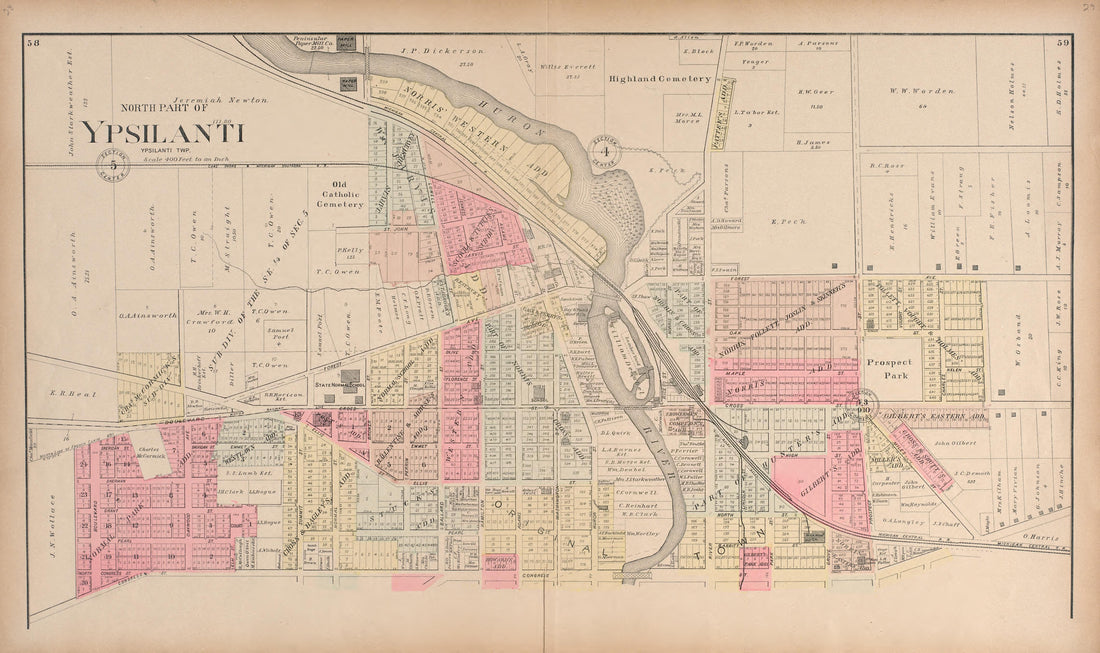 North Part of Ypsilanti from Standard Atlas of Washtenaw County, Michigan : Including a Plat Book of the Villages, Cities and Townships of the County, Map of the State, United States and World, Farmers Directory, Reference Business … 1895 by Relic Map Company