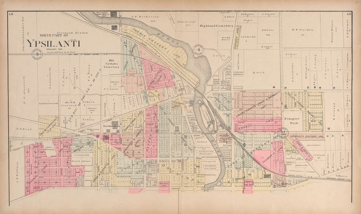 North Part of Ypsilanti from Standard Atlas of Washtenaw County, Michigan : Including a Plat Book of the Villages, Cities and Townships of the County, Map of the State, United States and World, Farmers Directory, Reference Business … 1895 by Relic Map Company
