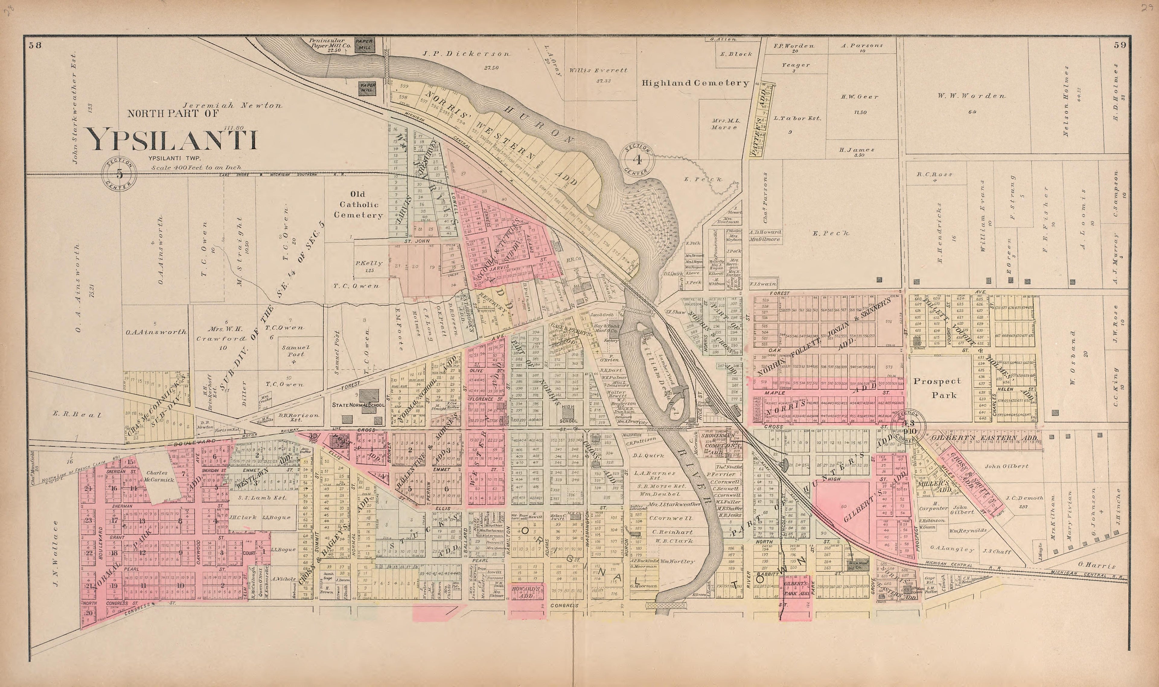 North Part of Ypsilanti from Standard Atlas of Washtenaw County, Michigan : Including a Plat Book of the Villages, Cities and Townships of the County, Map of the State, United States and World, Farmers Directory, Reference Business … 1895 by Relic Map Company