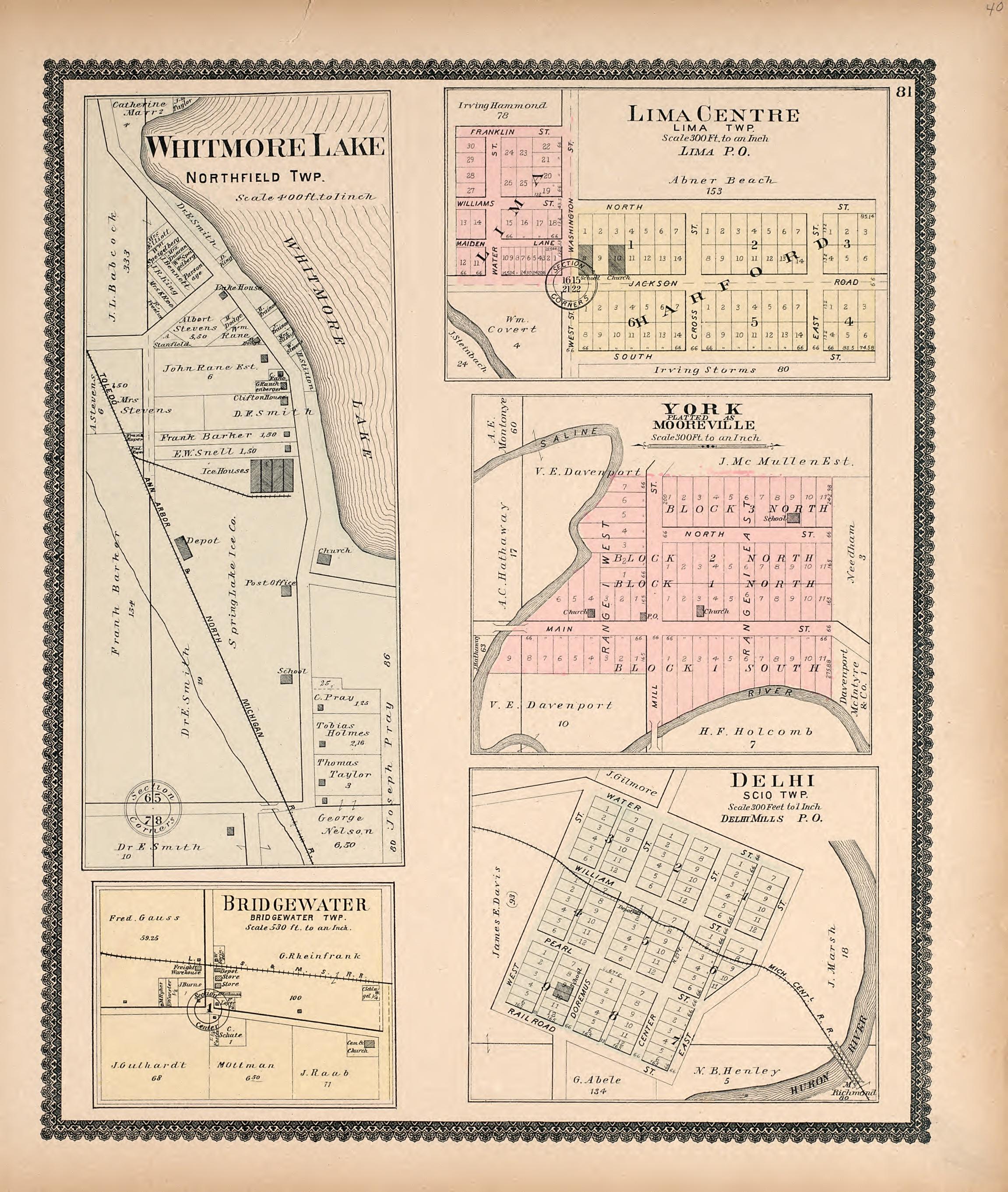 Whitmore Lake; Lima Center; Bridgewater; Delhi from Standard Atlas of Washtenaw County, Michigan : Including a Plat Book of the Villages, Cities and Townships of the County, Map of the State, United States and World, Farmers Directory, Reference Busin... by Relic Map Company