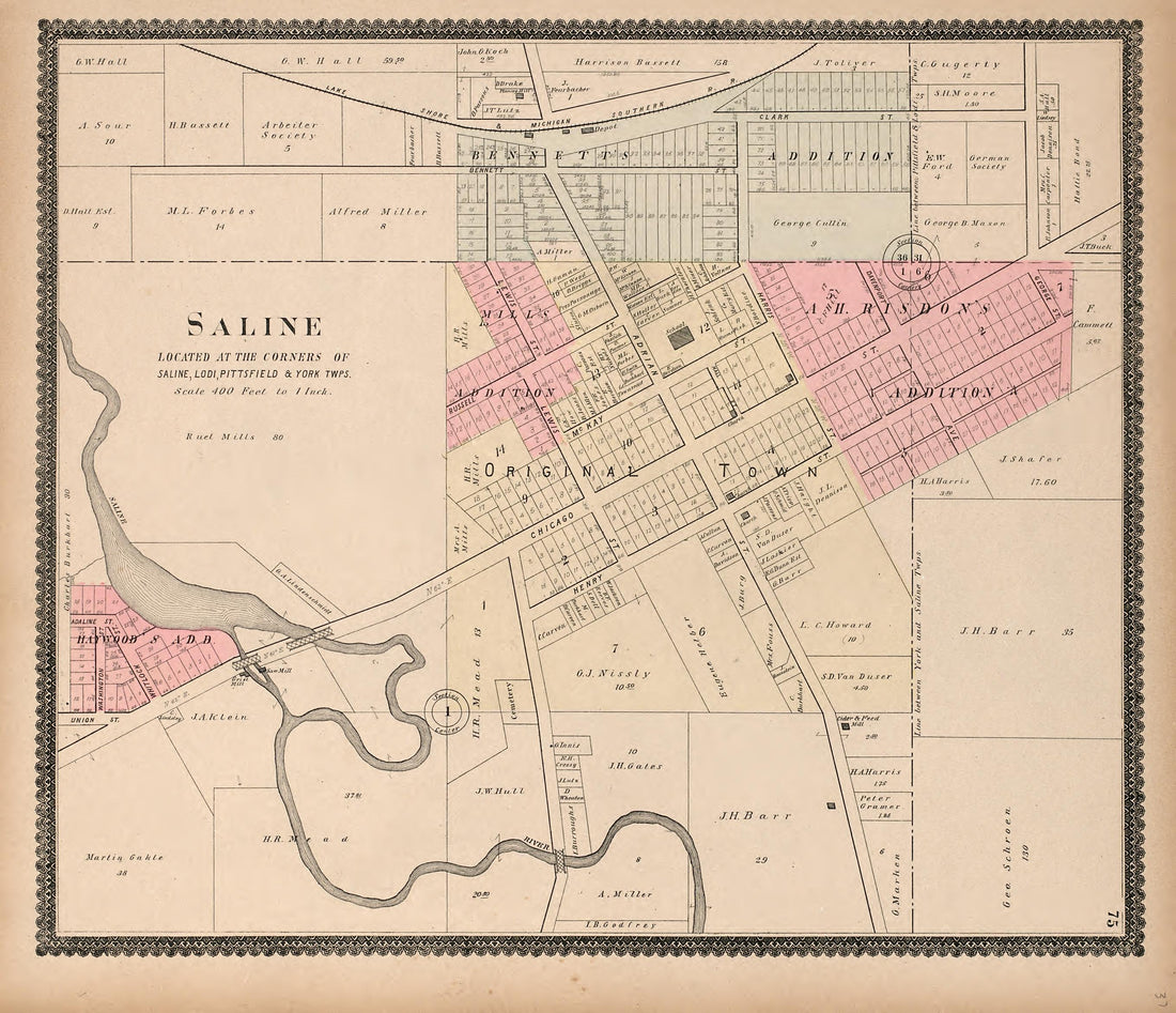 Saline from Standard Atlas of Washtenaw County, Michigan : Including a Plat Book of the Villages, Cities and Townships of the County, Map of the State, United States and World, Farmers Directory, Reference Business … 1895 by Relic Map Company