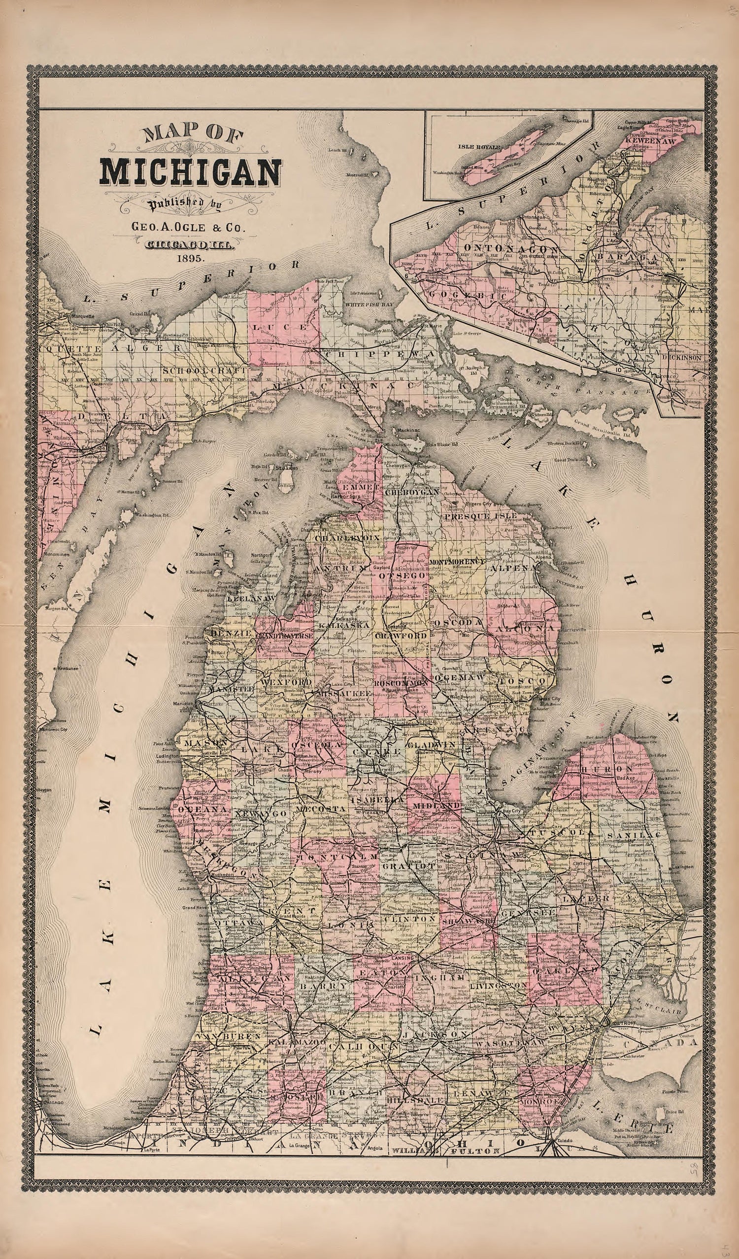Map of Michigan from Standard Atlas of Washtenaw County, Michigan : Including a Plat Book of the Villages, Cities and Townships of the County, Map of the State, United States and World, Farmers Directory, Reference Business … 1895 by Relic Map Company