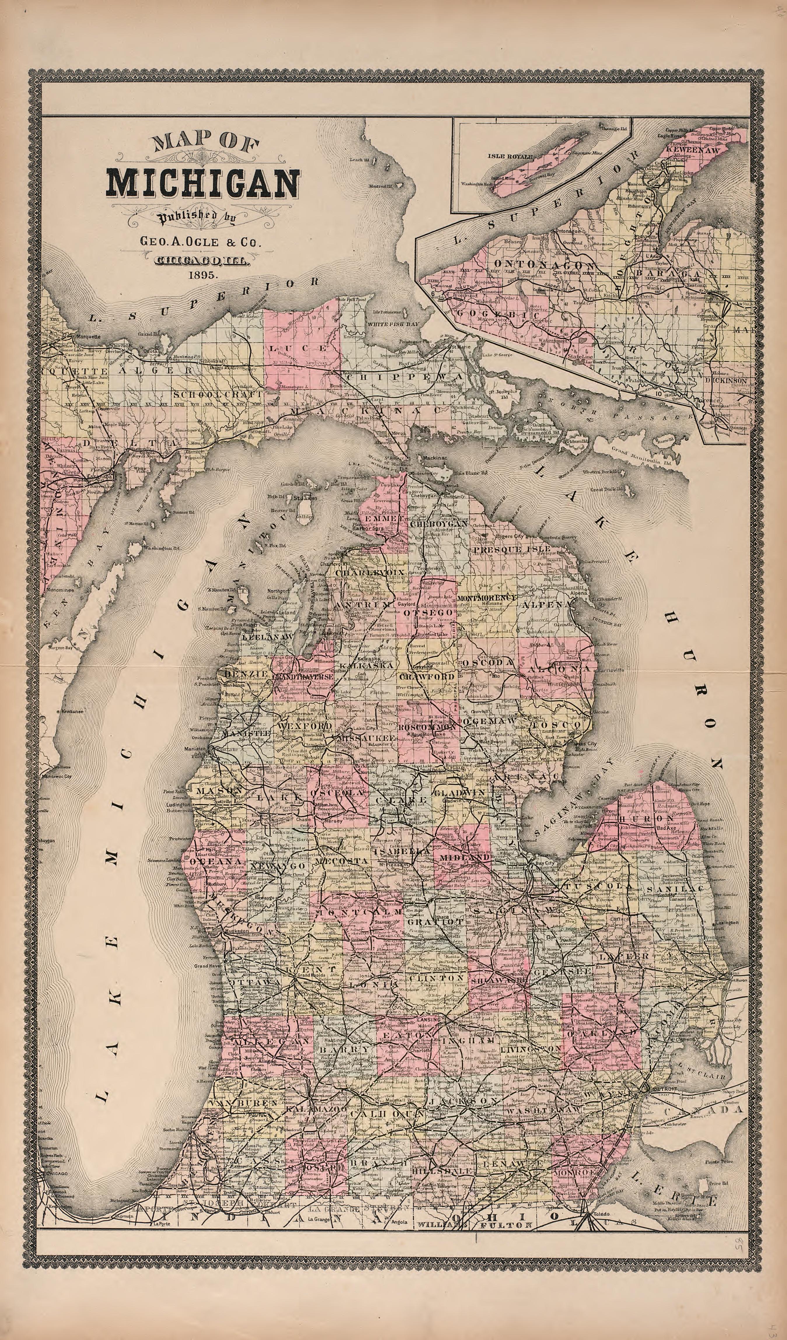 Map of Michigan from Standard Atlas of Washtenaw County, Michigan : Including a Plat Book of the Villages, Cities and Townships of the County, Map of the State, United States and World, Farmers Directory, Reference Business … 1895 by Relic Map Company