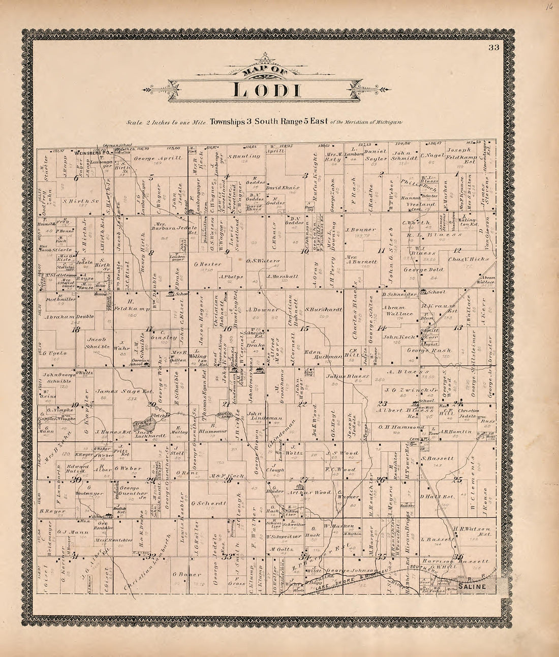 Map of Lodi from Standard Atlas of Washtenaw County, Michigan : Including a Plat Book of the Villages, Cities and Townships of the County, Map of the State, United States and World, Farmers Directory, Reference Business … 1895 by Relic Map Company