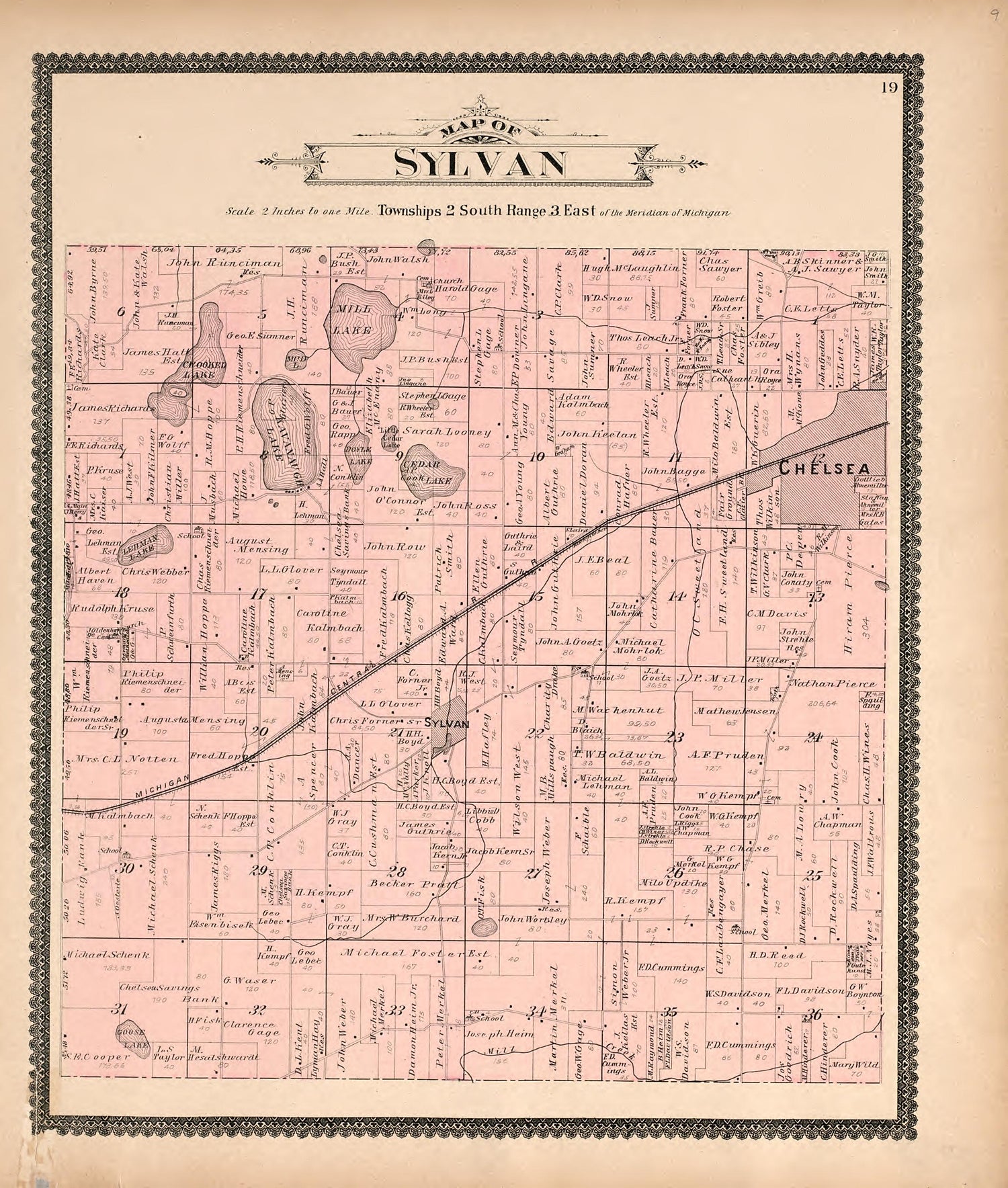 Map of Sylvan from Standard Atlas of Washtenaw County, Michigan : Including a Plat Book of the Villages, Cities and Townships of the County, Map of the State, United States and World, Farmers Directory, Reference Business … 1895 by Relic Map Company