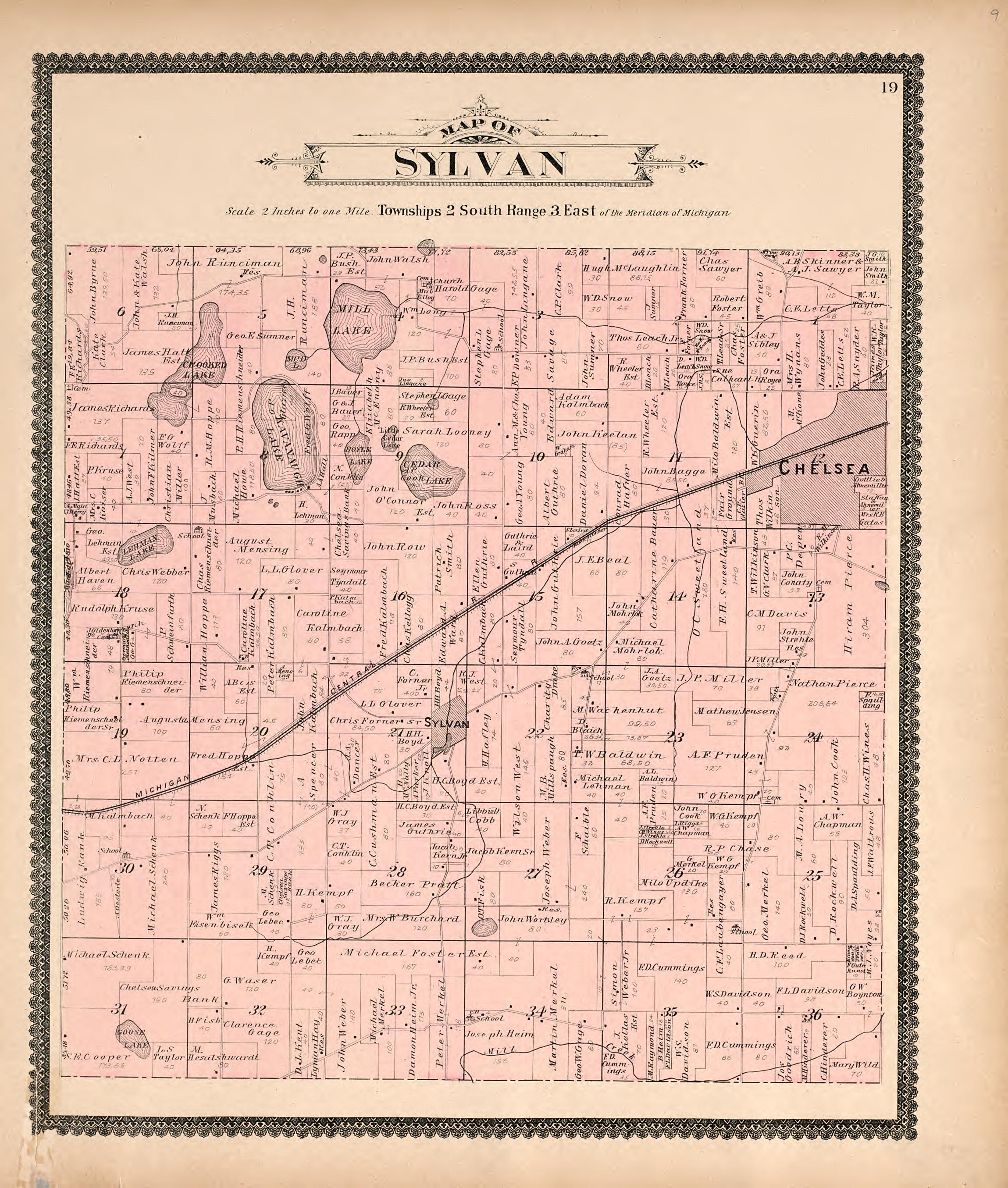Map of Sylvan from Standard Atlas of Washtenaw County, Michigan : Including a Plat Book of the Villages, Cities and Townships of the County, Map of the State, United States and World, Farmers Directory, Reference Business … 1895 by Relic Map Company