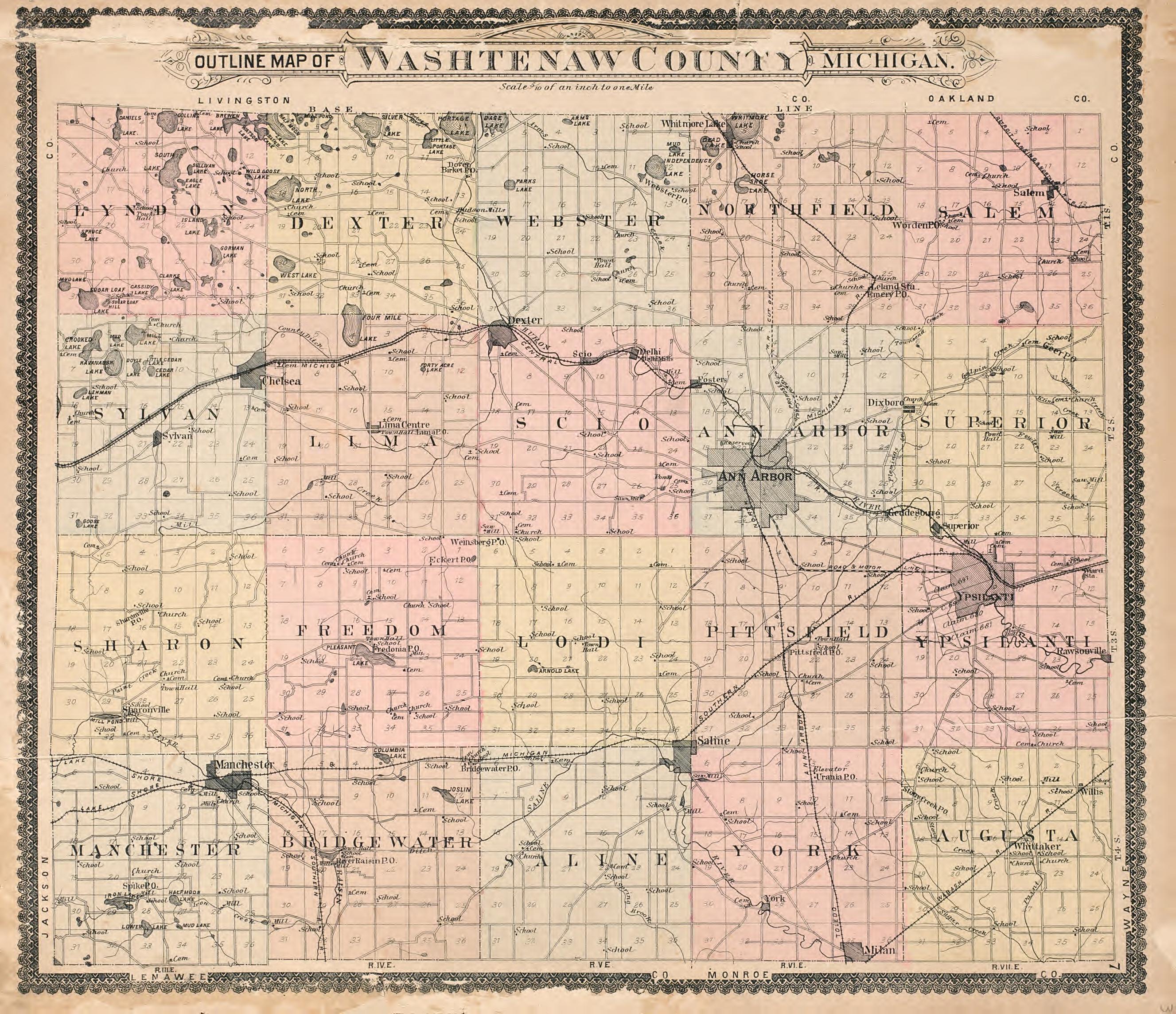 Outline Map of Washtenaw County, Michigan from Standard Atlas of Washtenaw County, Michigan : Including a Plat Book of the Villages, Cities and Townships of the County, Map of the State, United States and World, Farmers Directory, Reference Business �... by Relic Map Company
