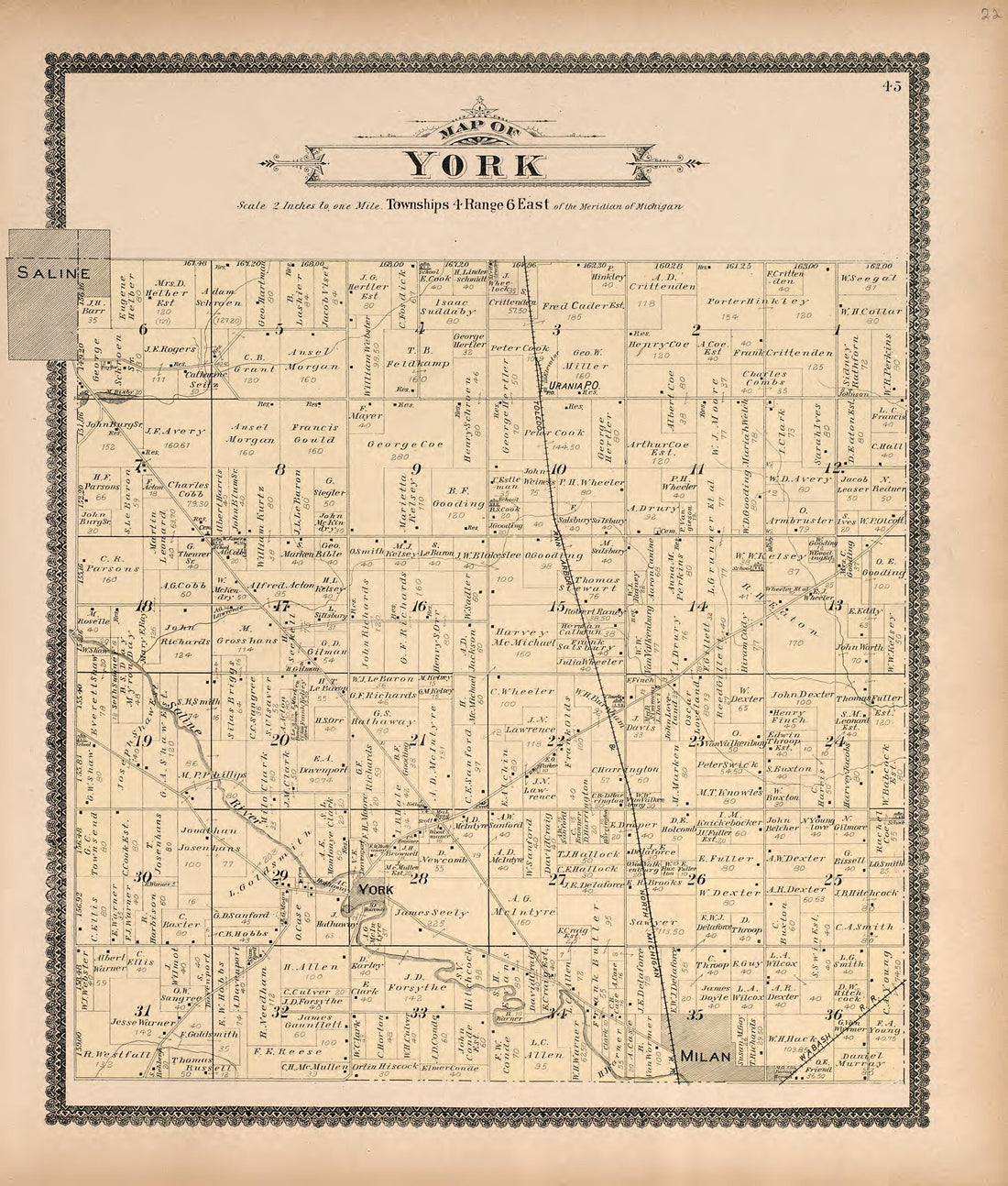 Map of York from Standard Atlas of Washtenaw County, Michigan : Including a Plat Book of the Villages, Cities and Townships of the County, Map of the State, United States and World, Farmers Directory, Reference Business … 1895 by Relic Map Company
