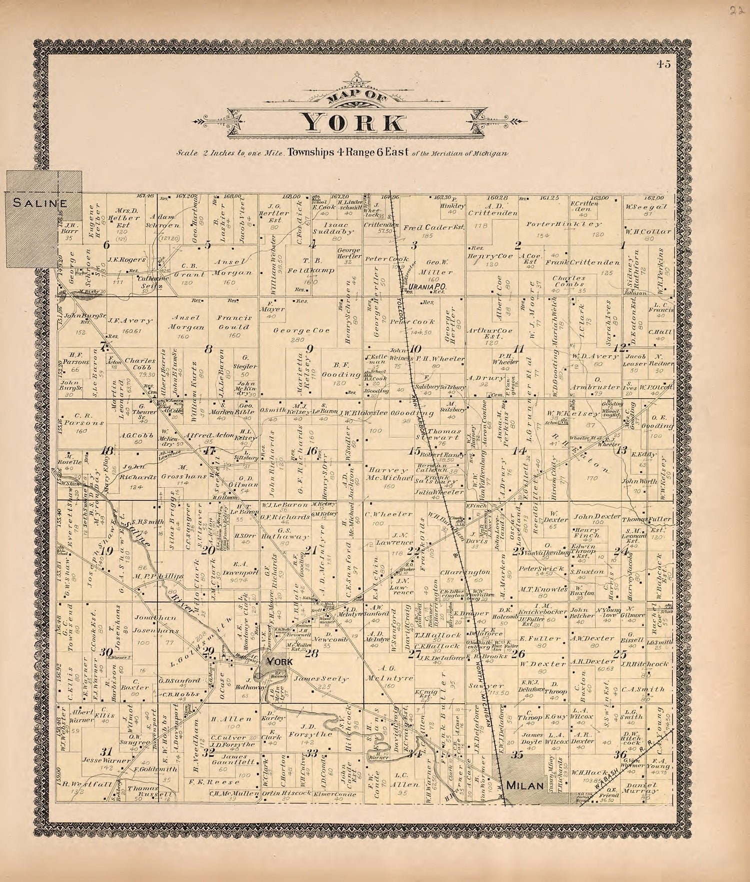 Map of York from Standard Atlas of Washtenaw County, Michigan : Including a Plat Book of the Villages, Cities and Townships of the County, Map of the State, United States and World, Farmers Directory, Reference Business … 1895 by Relic Map Company