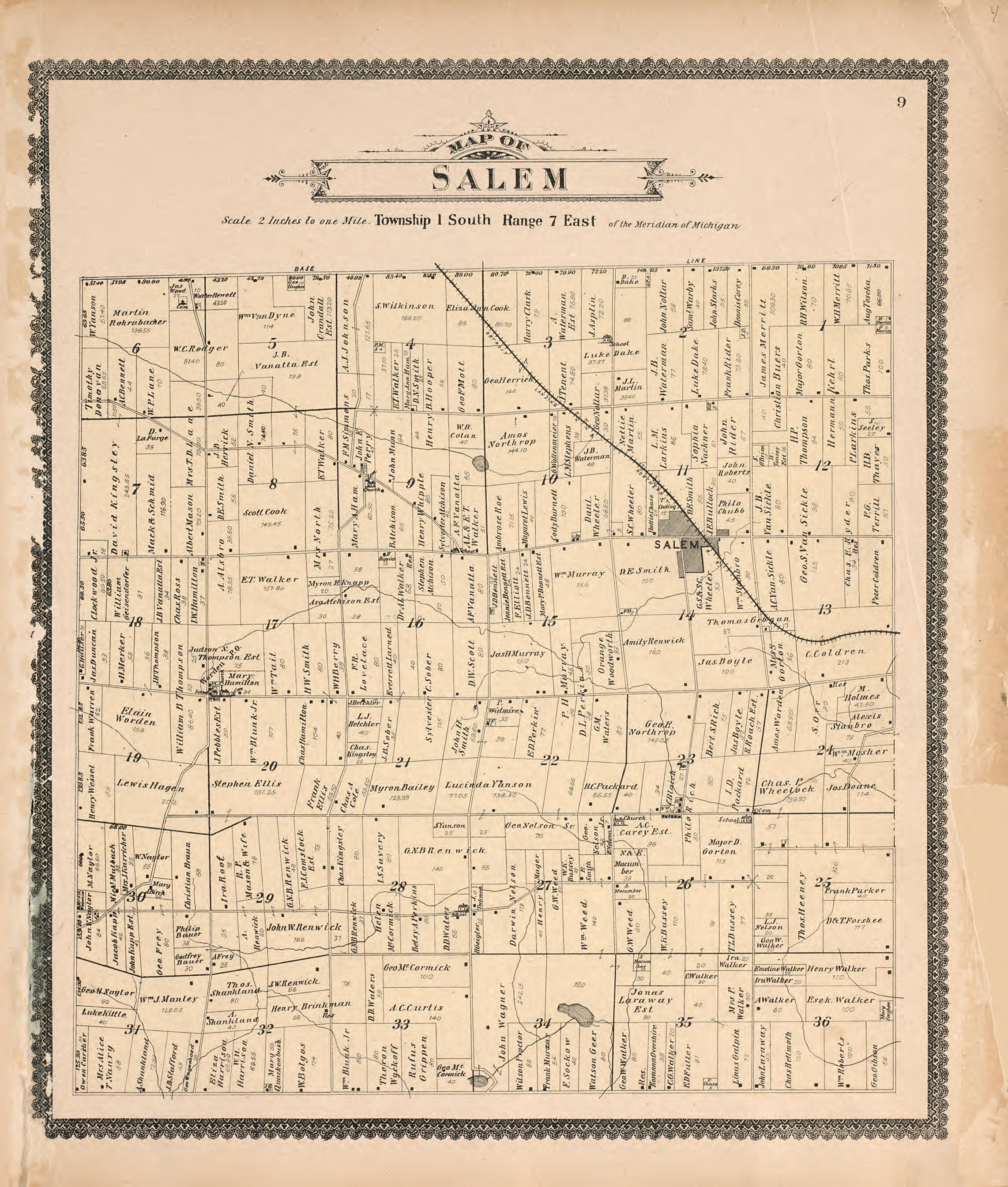 Map of Salem from Standard Atlas of Washtenaw County, Michigan : Including a Plat Book of the Villages, Cities and Townships of the County, Map of the State, United States and World, Farmers Directory, Reference Business … 1895 by Relic Map Company