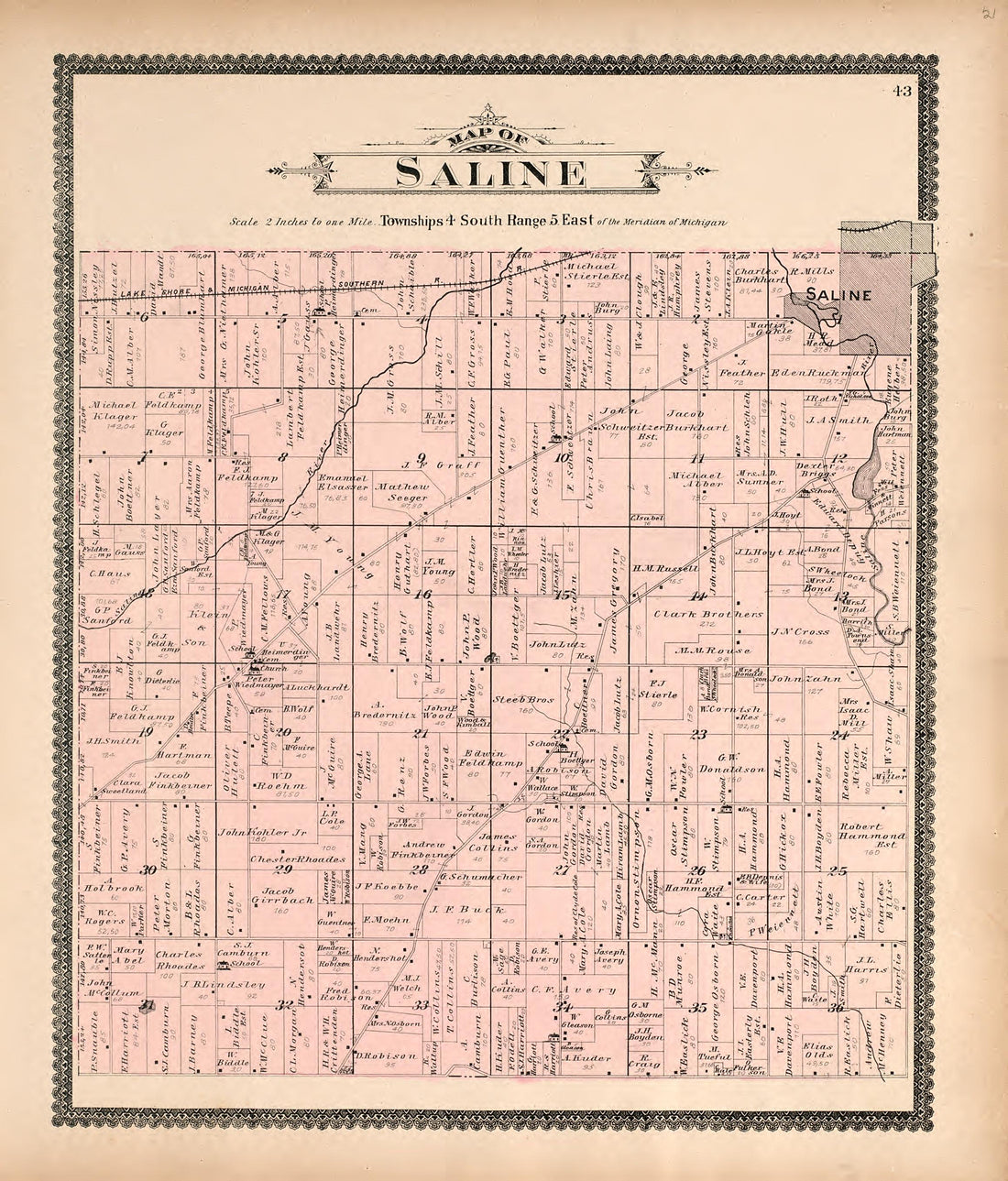 Map of Saline from Standard Atlas of Washtenaw County, Michigan : Including a Plat Book of the Villages, Cities and Townships of the County, Map of the State, United States and World, Farmers Directory, Reference Business … 1895 by Relic Map Company