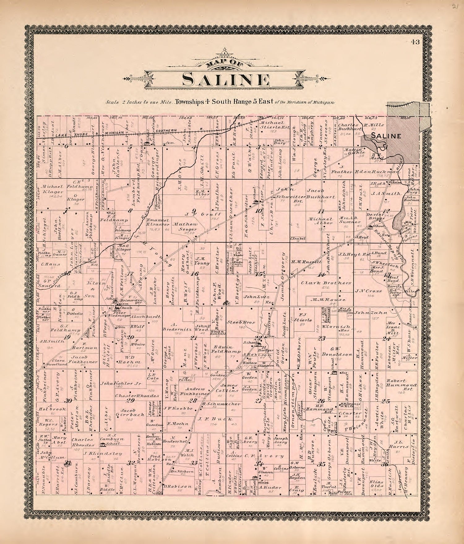 Map of Saline from Standard Atlas of Washtenaw County, Michigan : Including a Plat Book of the Villages, Cities and Townships of the County, Map of the State, United States and World, Farmers Directory, Reference Business … 1895 by Relic Map Company
