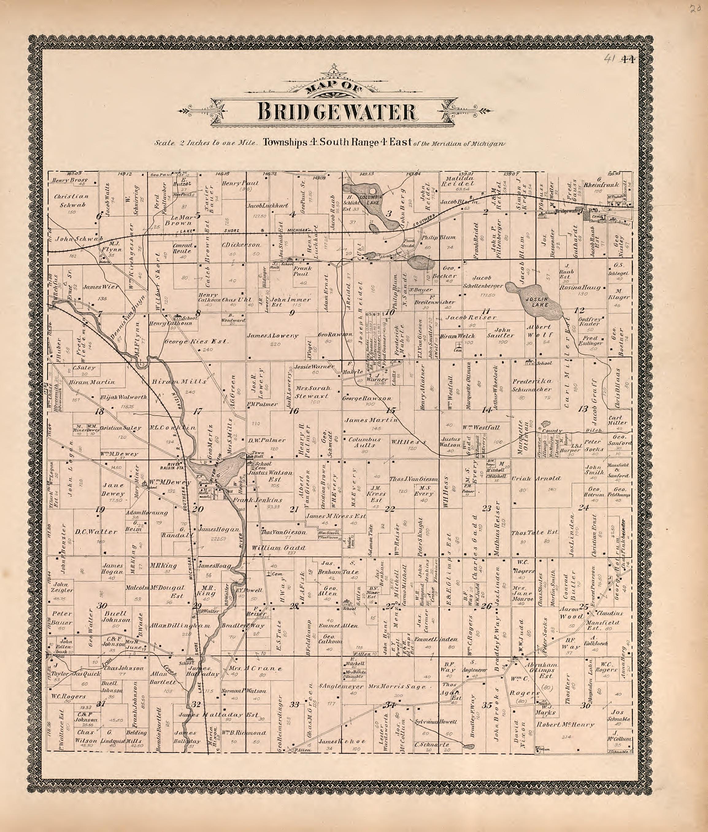 Map of Bridgewater from Standard Atlas of Washtenaw County, Michigan : Including a Plat Book of the Villages, Cities and Townships of the County, Map of the State, United States and World, Farmers Directory, Reference Business … 1895 by Relic Map Company