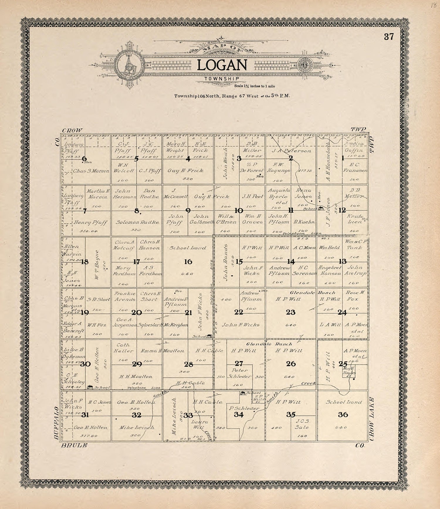 Map of Logan Township from Standard Atlas of Jerauld County, South Dakota : Including a Plat Book of the Villages, Cities and Townships of the County, Map of the State, United States and World, Patrons Directory, Reference … 1909 by Relic Map Company