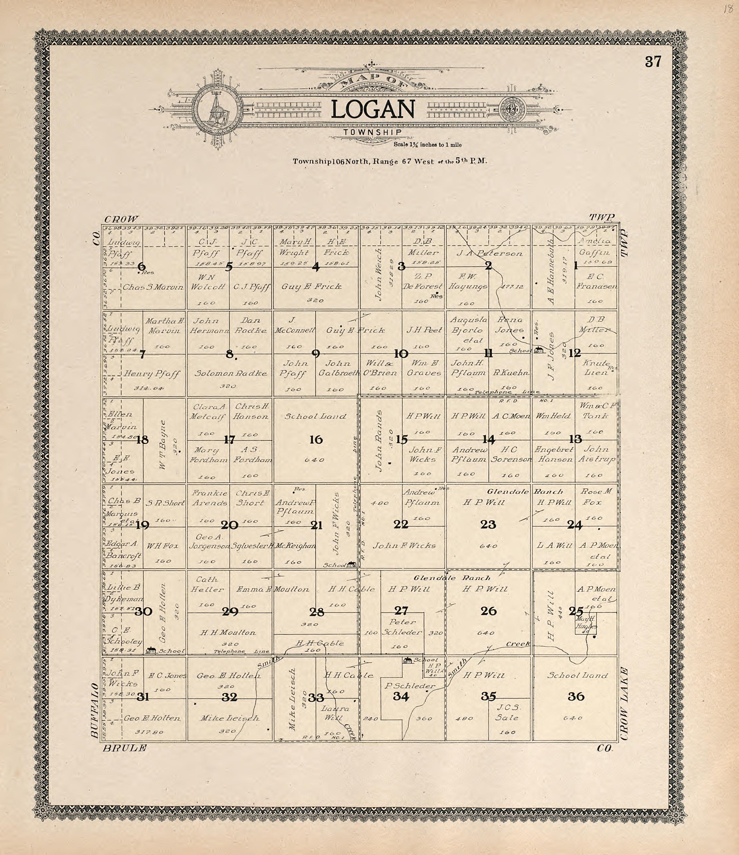 Map of Logan Township from Standard Atlas of Jerauld County, South Dakota : Including a Plat Book of the Villages, Cities and Townships of the County, Map of the State, United States and World, Patrons Directory, Reference … 1909 by Relic Map Company