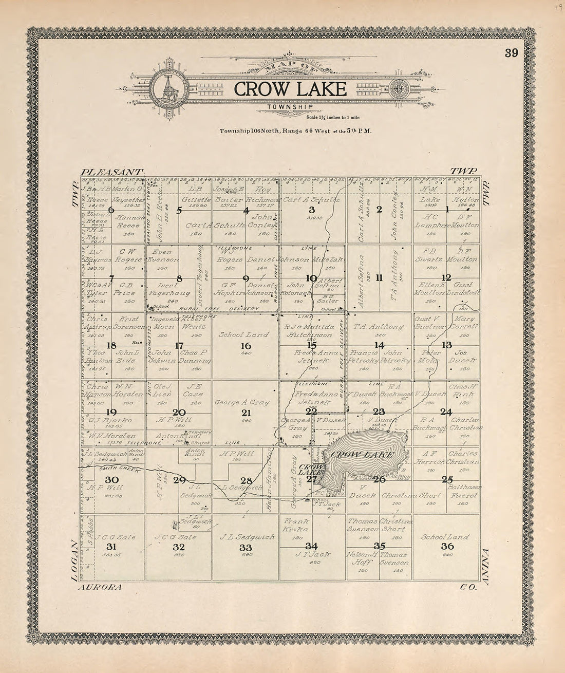 Map of Crow Lake Township from Standard Atlas of Jerauld County, South Dakota : Including a Plat Book of the Villages, Cities and Townships of the County, Map of the State, United States and World, Patrons Directory, Reference … 1909 by Relic Map Company